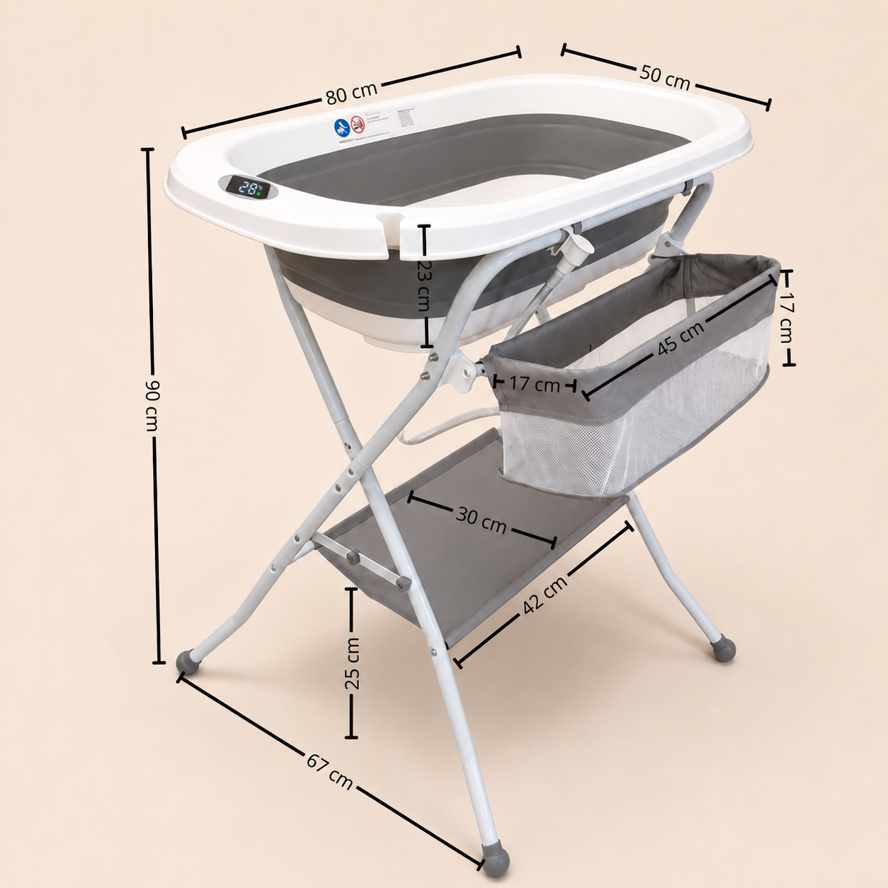 Bañera de bebé plegable en soporte con cesta de almacenamiento y medidas.