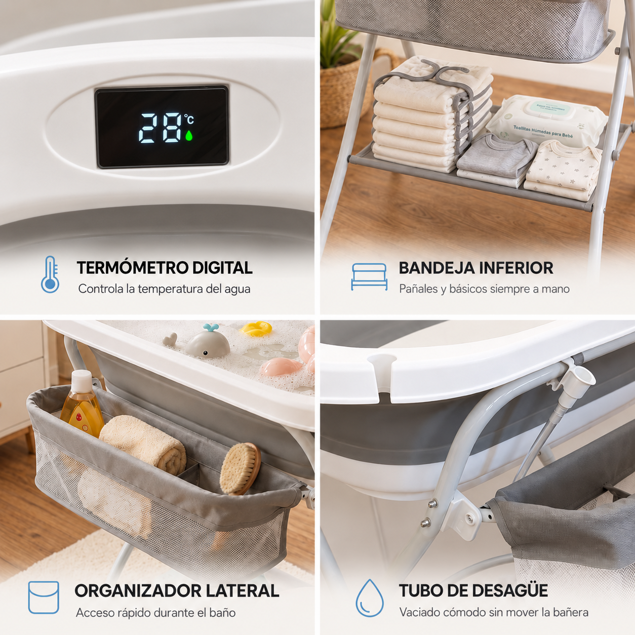 Cuatro imágenes muestran detalles de una bañera para bebé: termómetro digital, bandeja, organizador y desagüe.