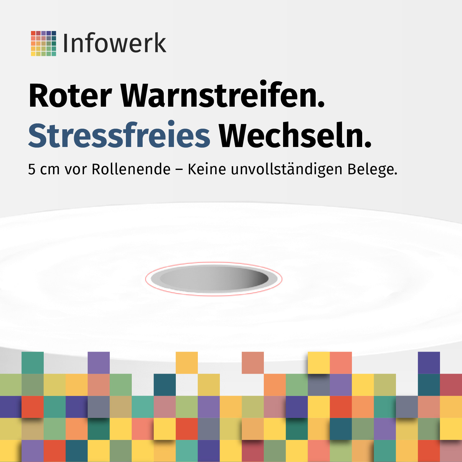 Infowerk-Werbebanner mit Text und Papierrollen-Grafik mit rotem Rand.