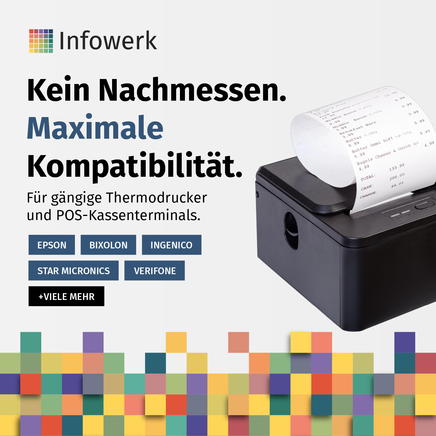 Ein schwarzer Bondrucker mit Papierstreifen und deutschem Werbetext zur Kompatibilität.