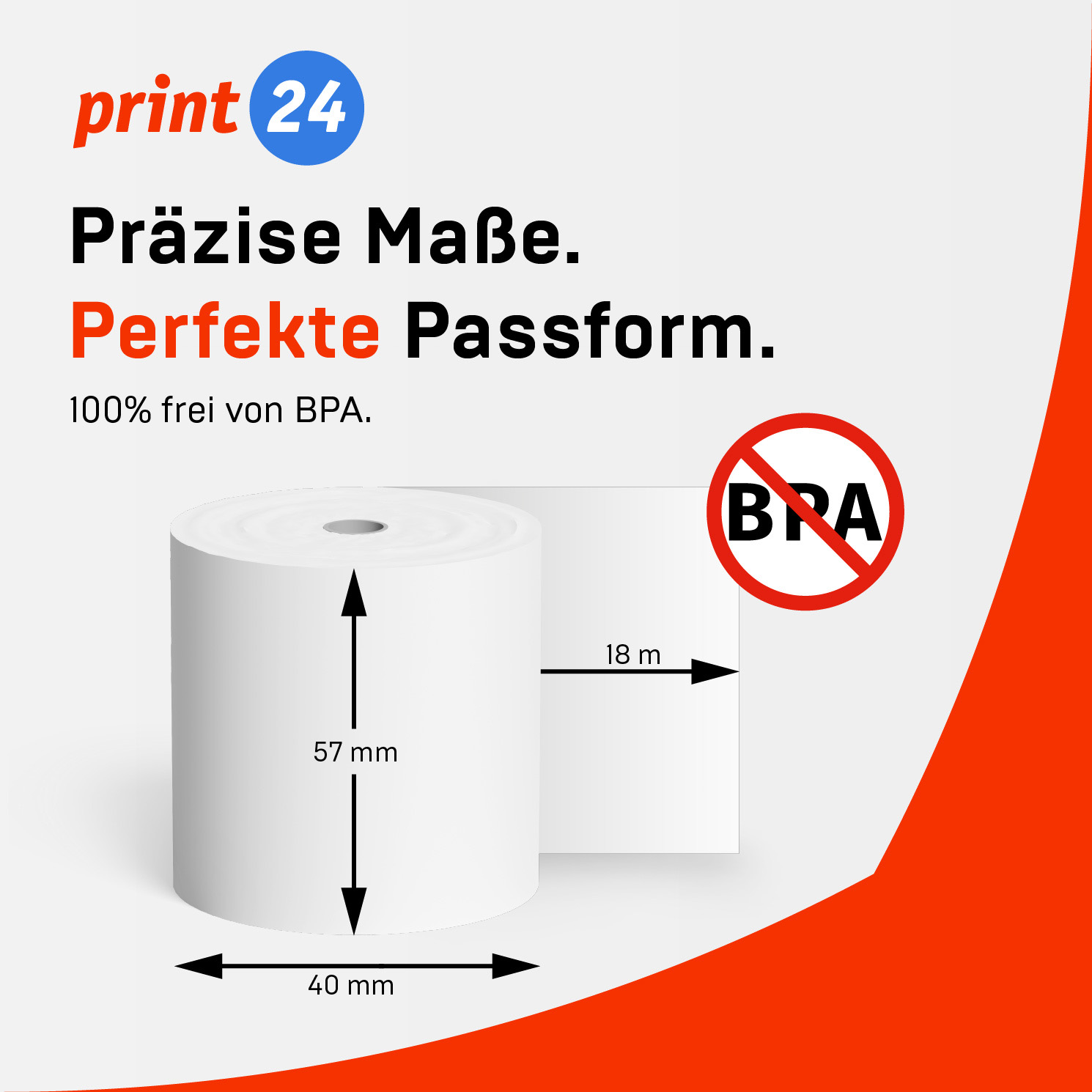 Eine weiße Papierrolle mit Maßangaben und einem roten BPA-frei-Symbol vor einem rot-weißen Hintergrund.