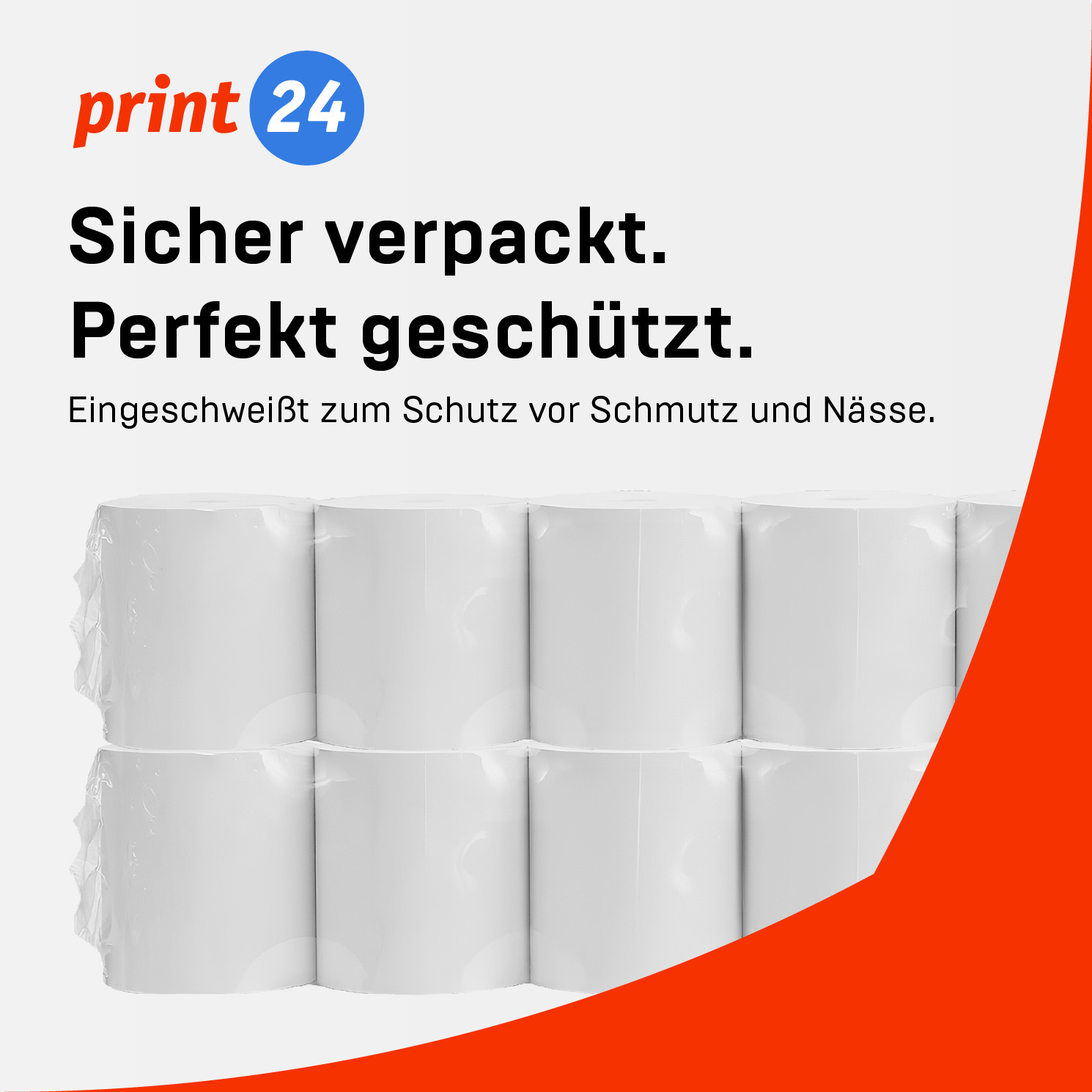 Verpackte Papierrollen in Schutzfolie mit Print24-Logo und deutschem Werbetext.