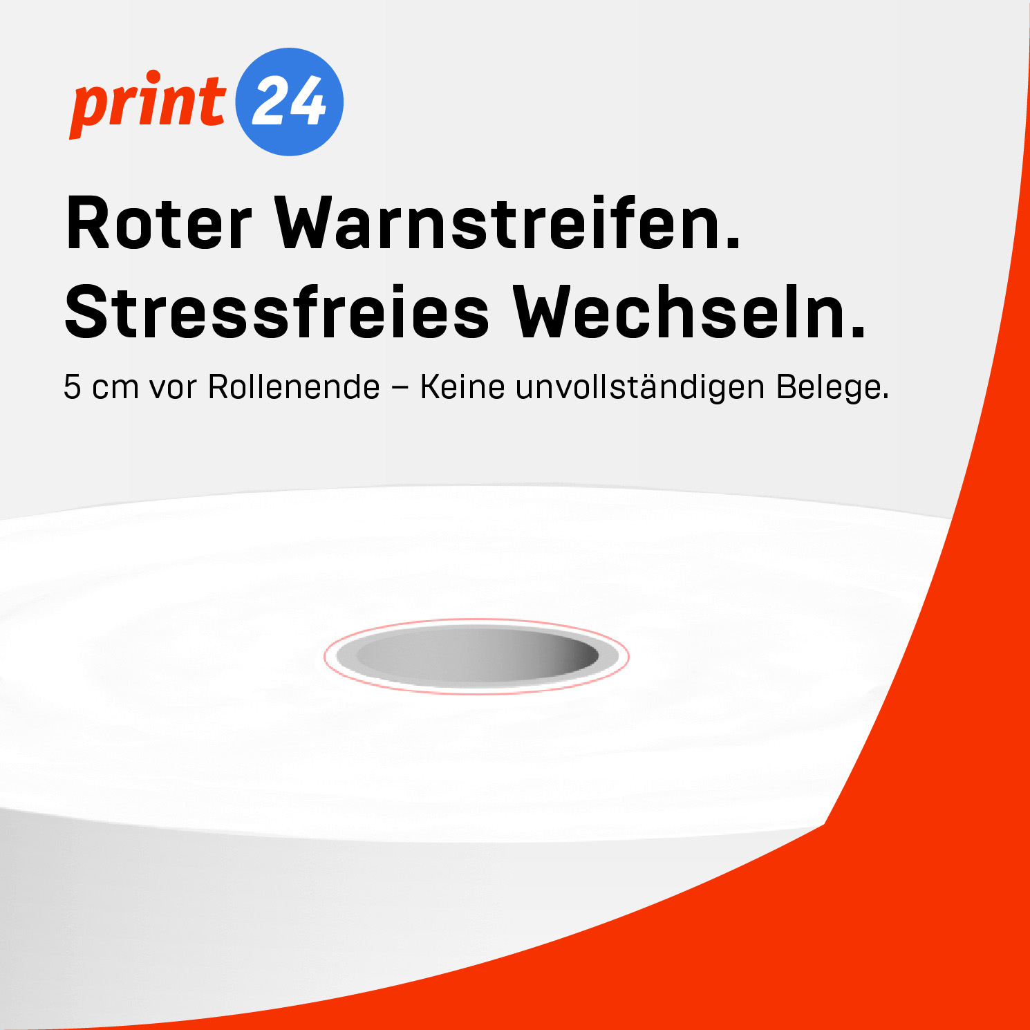 Werbebild für Kassenrollen mit rotem Warnstreifen und Text auf weißem Hintergrund mit rotem Rand.