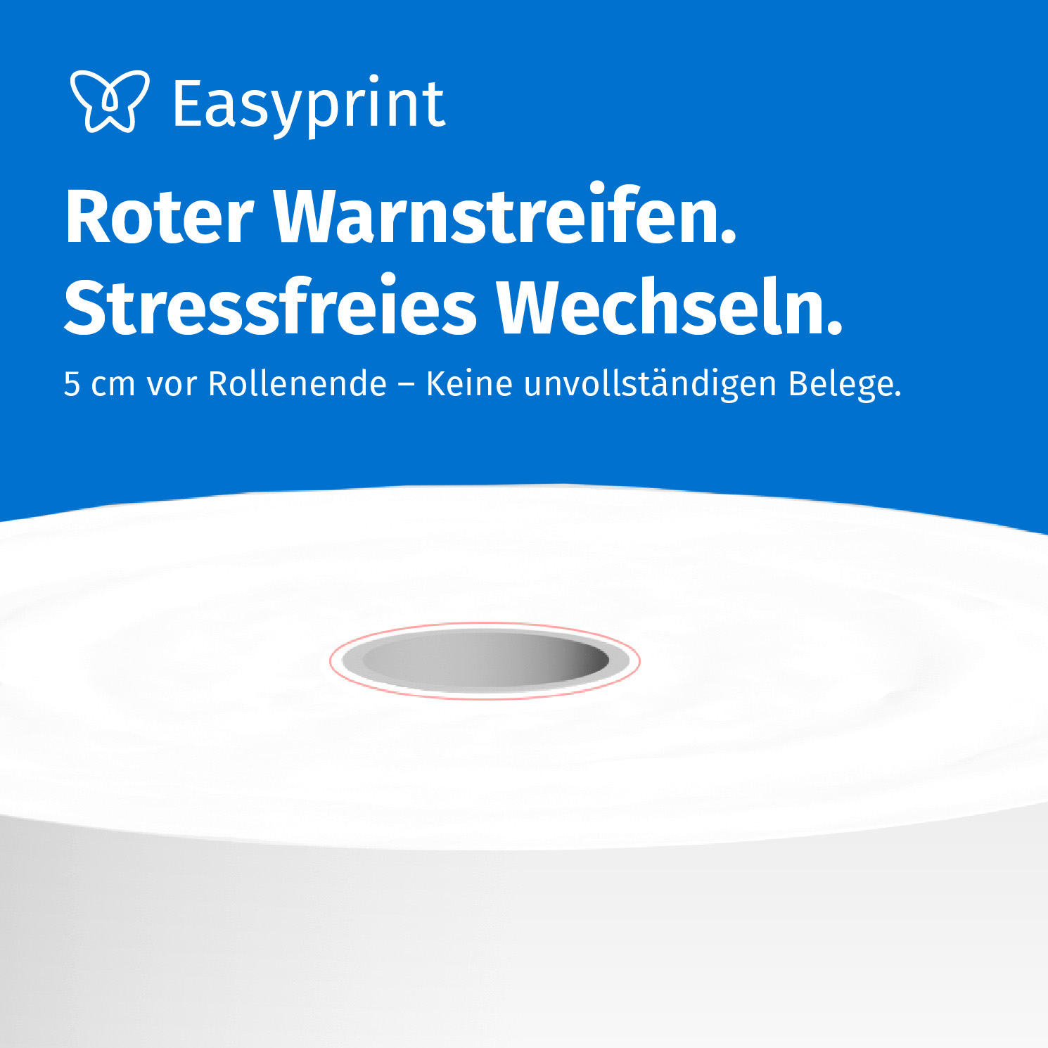 Easyprint Werbebild mit weißer Papierrolle vor blauem Hintergrund und Text über roten Warnstreifen.