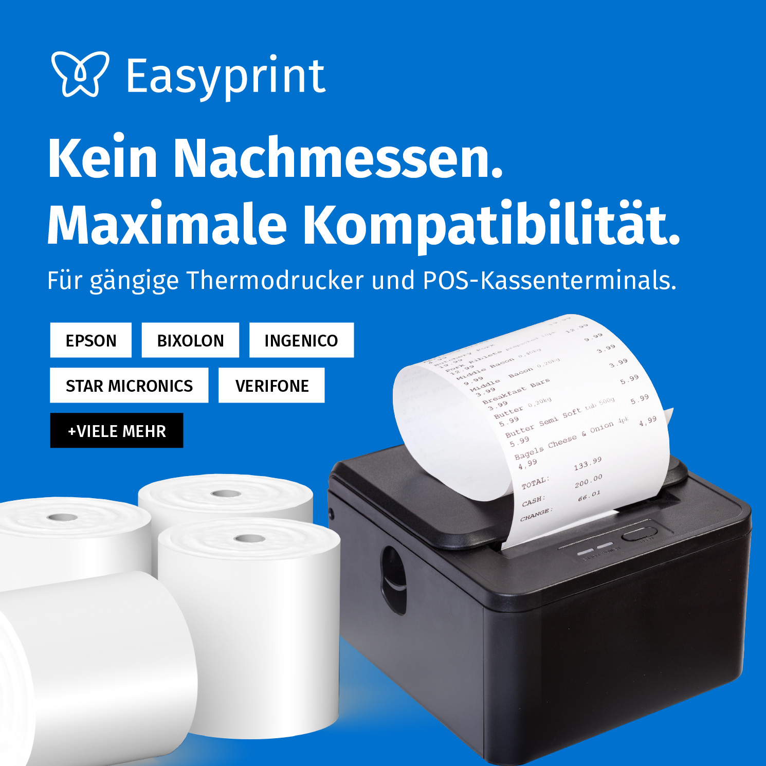 Blaue Werbung für Thermodrucker, Papierrollen und einen Bondrucker mit gedrucktem Kassenbon.