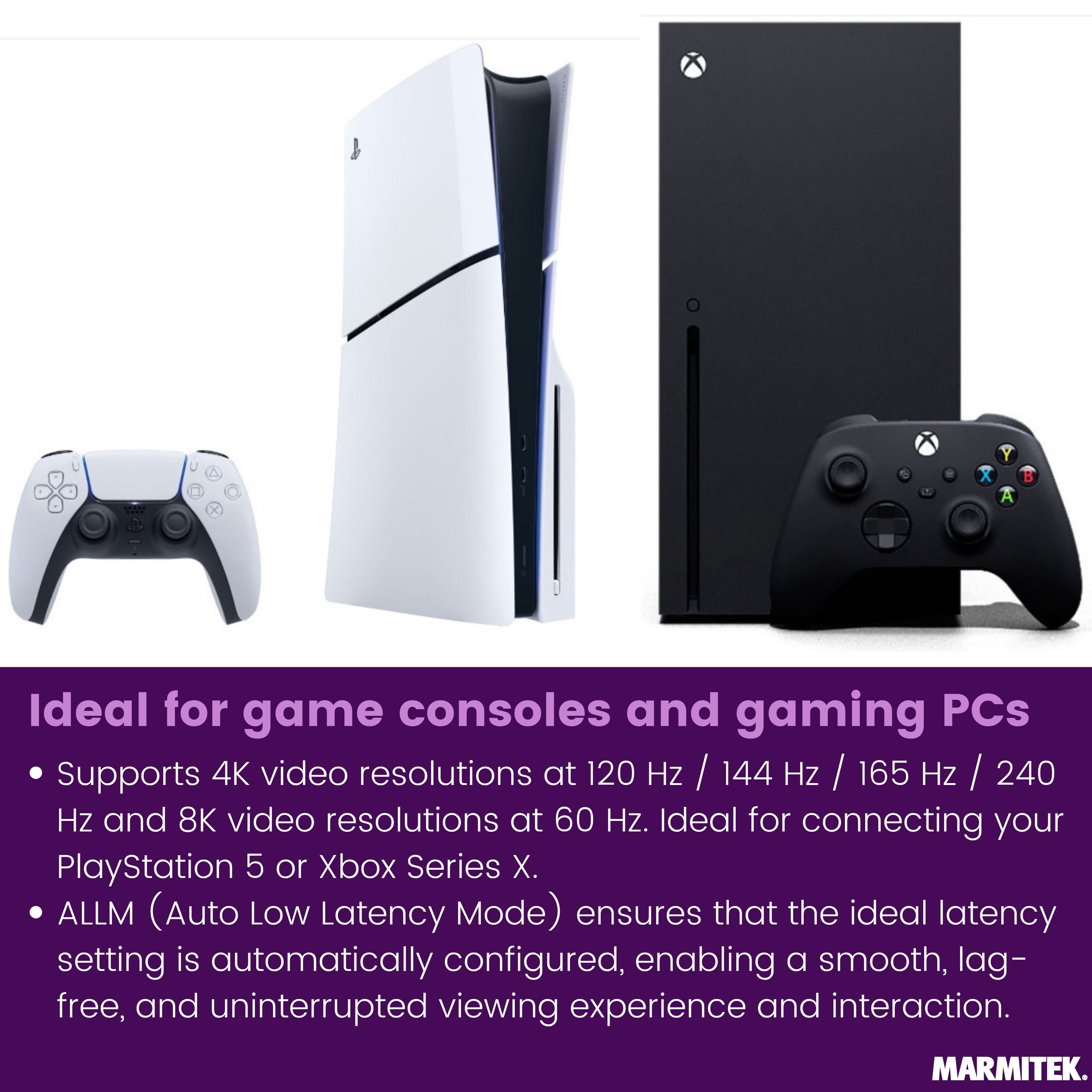 Consoles PlayStation 5 et Xbox Series X avec manettes et texte sur la résolution 4K et la technologie ALLM.