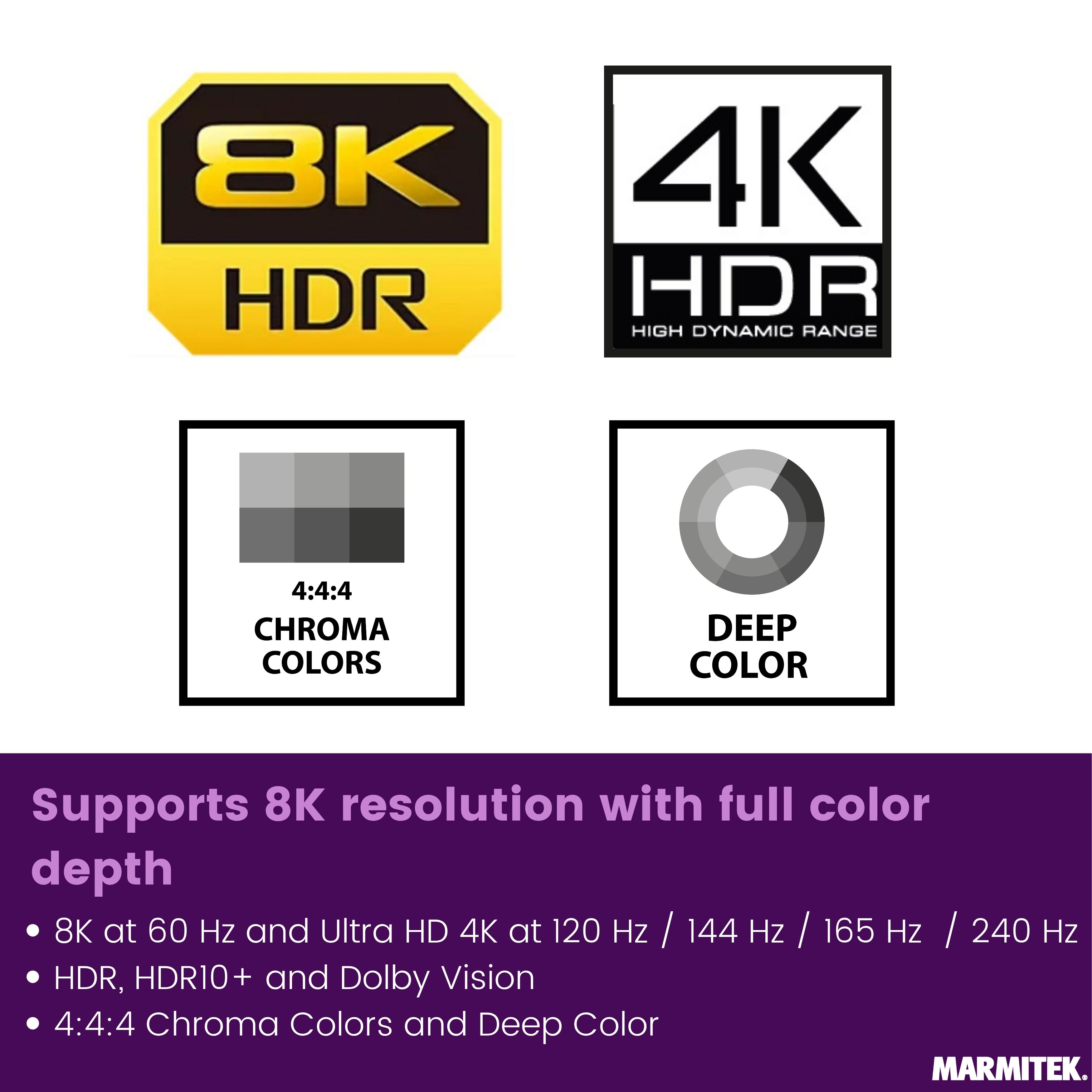 Spécifications techniques affichant 8K, 4K, HDR, Chroma Colors et Deep Color sur fond violet.