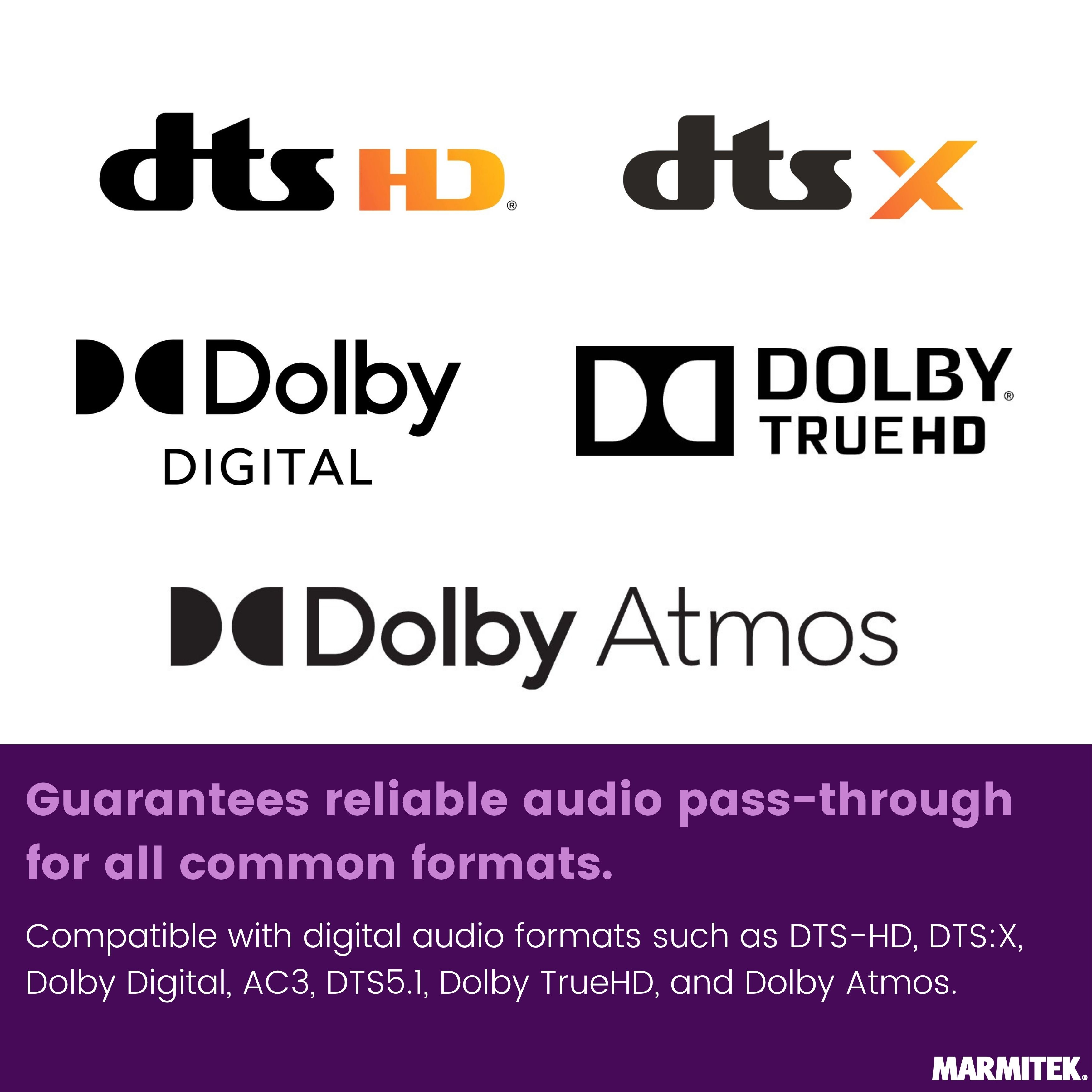 Logos de formats audio comme DTS-HD, DTS:X, Dolby Digital, Dolby TrueHD et Dolby Atmos sur fond violet.