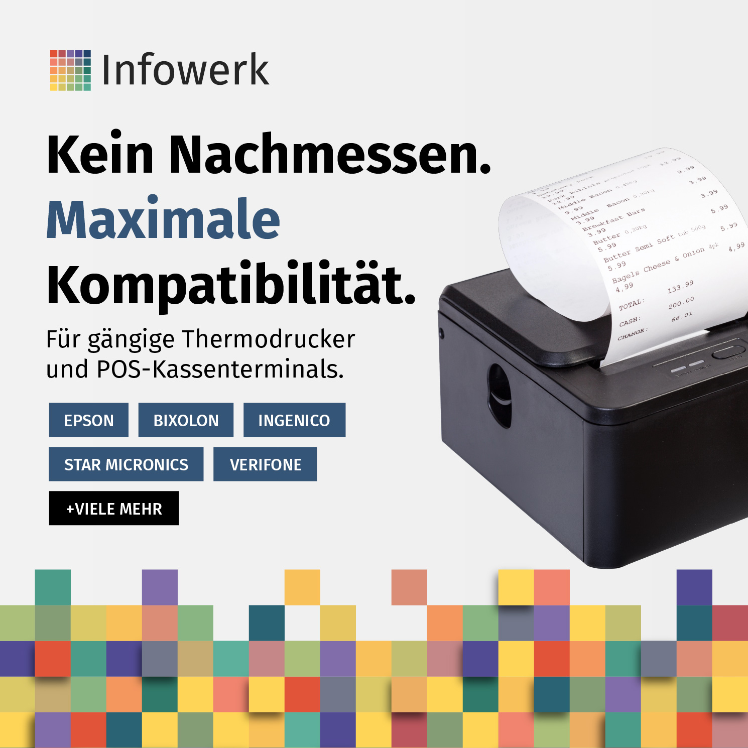 Schwarzer Thermodrucker mit gedrucktem Kassenbon, Infowerk-Logo und deutscher Produktbeschreibung auf hellem Grund.
