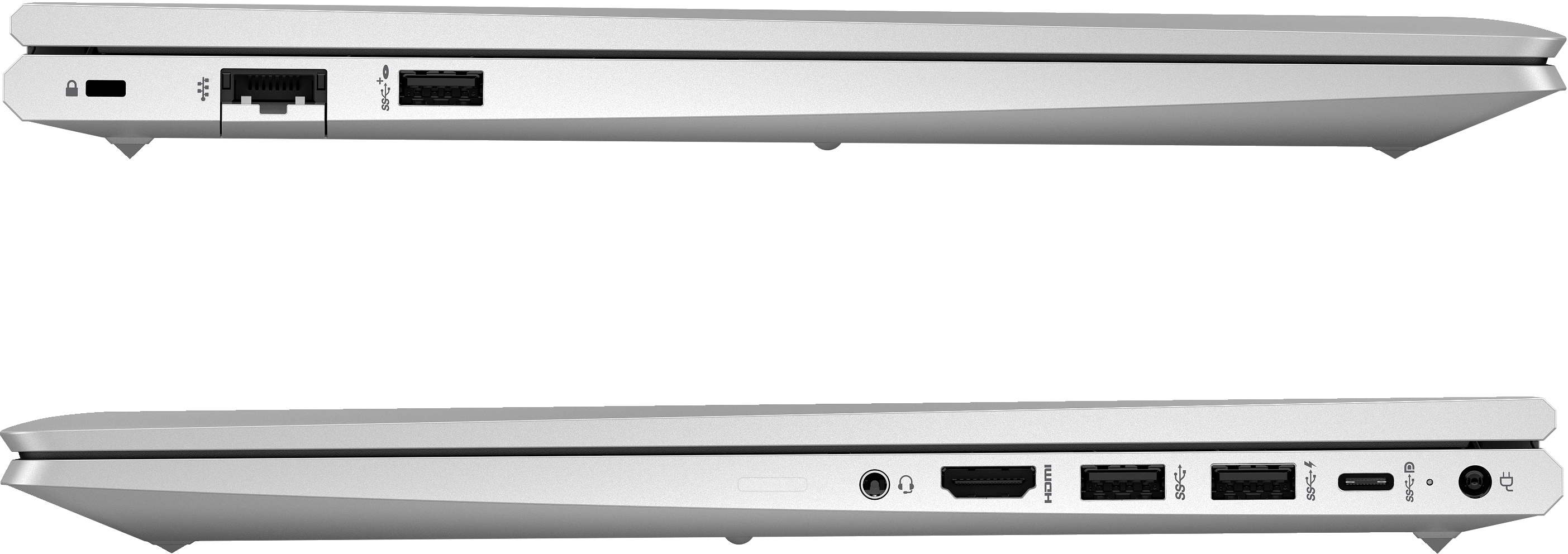 Zilveren laptop-zijprofielen met diverse poorten zoals USB, HDMI en Ethernet.
