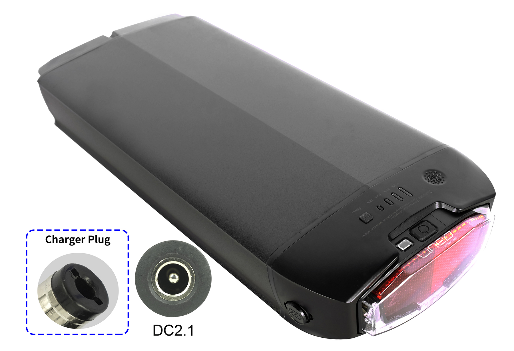 Schwarzer E-Bike-Akku mit rotem Rücklicht und Einsetzdetails für den Charger Plug DC2.1.
