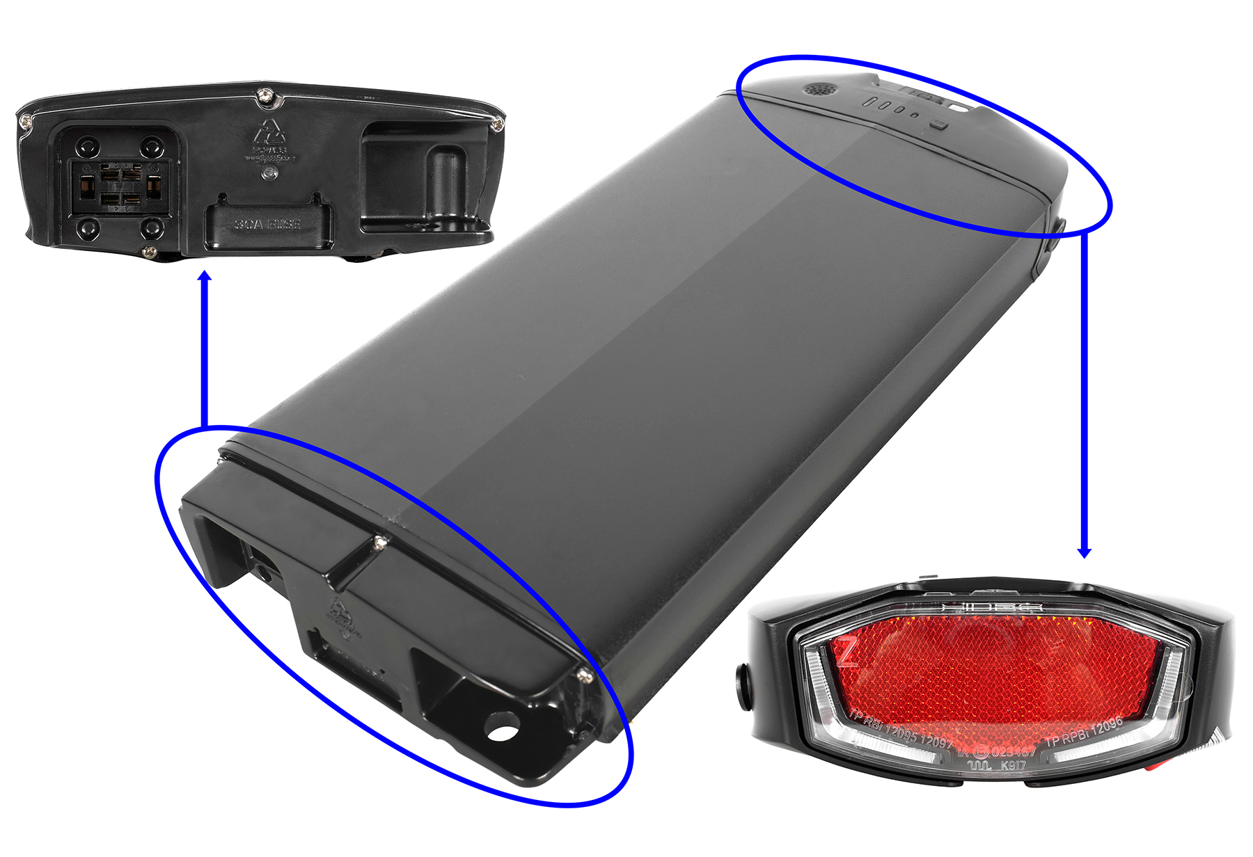 Schwarzer E-Bike-Akku mit integriertem Rücklicht und Steckverbindungen in Nahansicht.