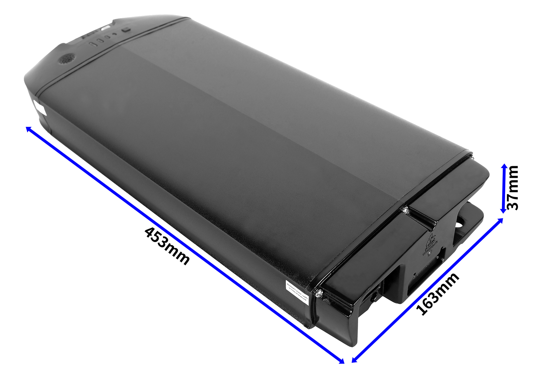 Schwarze E-Bike-Batterie mit blauen Maßpfeilen, Länge 453 mm, Breite 163 mm und Höhe 37 mm.