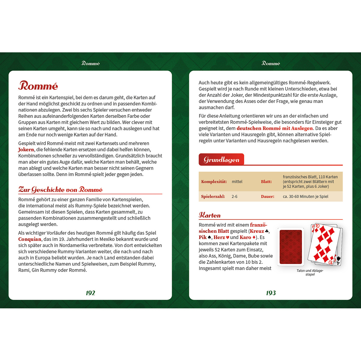 Open book pages with German text explaining the rules, history, and basics of the card game Rummy.