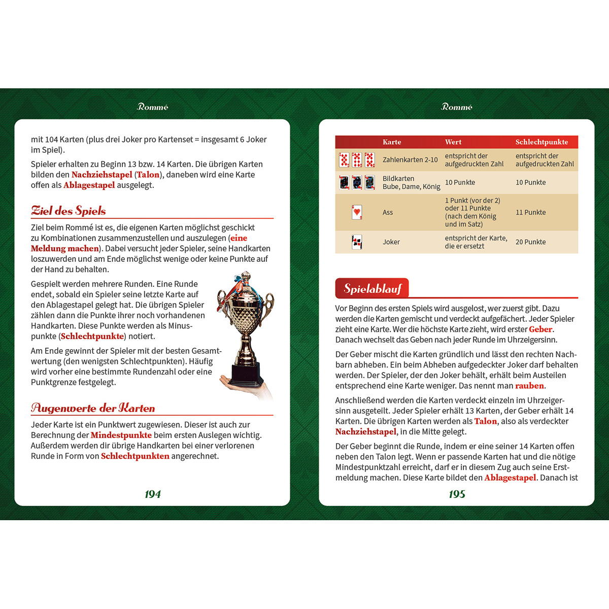Zwei Buchseiten auf grünem Hintergrund erklären Spielregeln und Werte für das Kartenspiel Rommé.