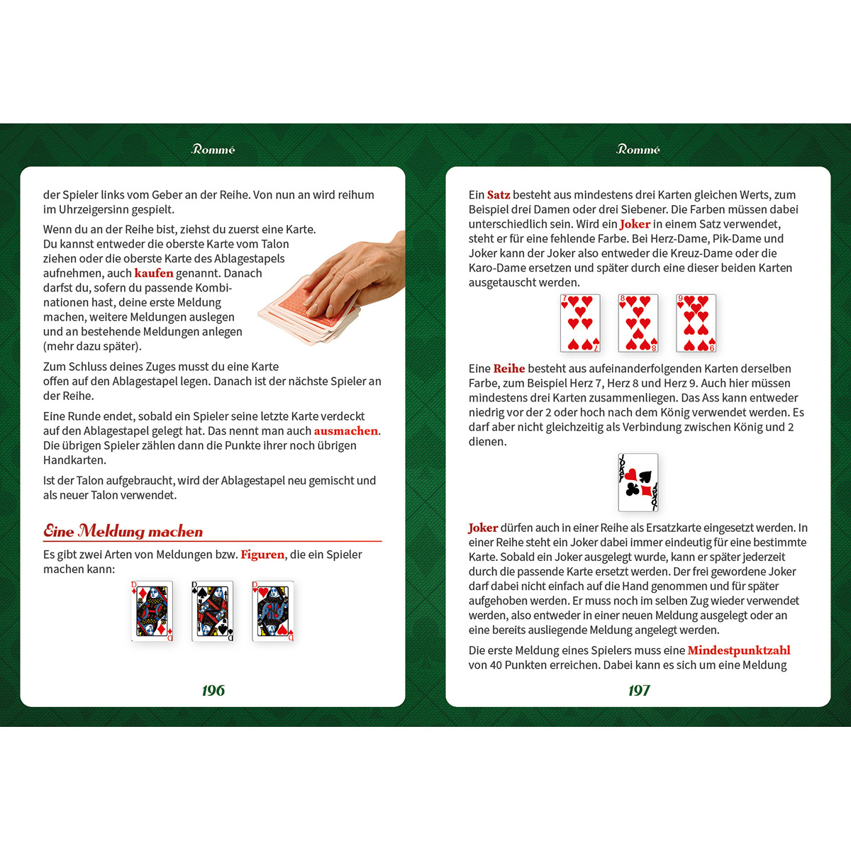 Ein offenes deutsches Regelbuch für das Kartenspiel Rommé mit Texten und Spielkartendiagrammen auf zwei Seiten.