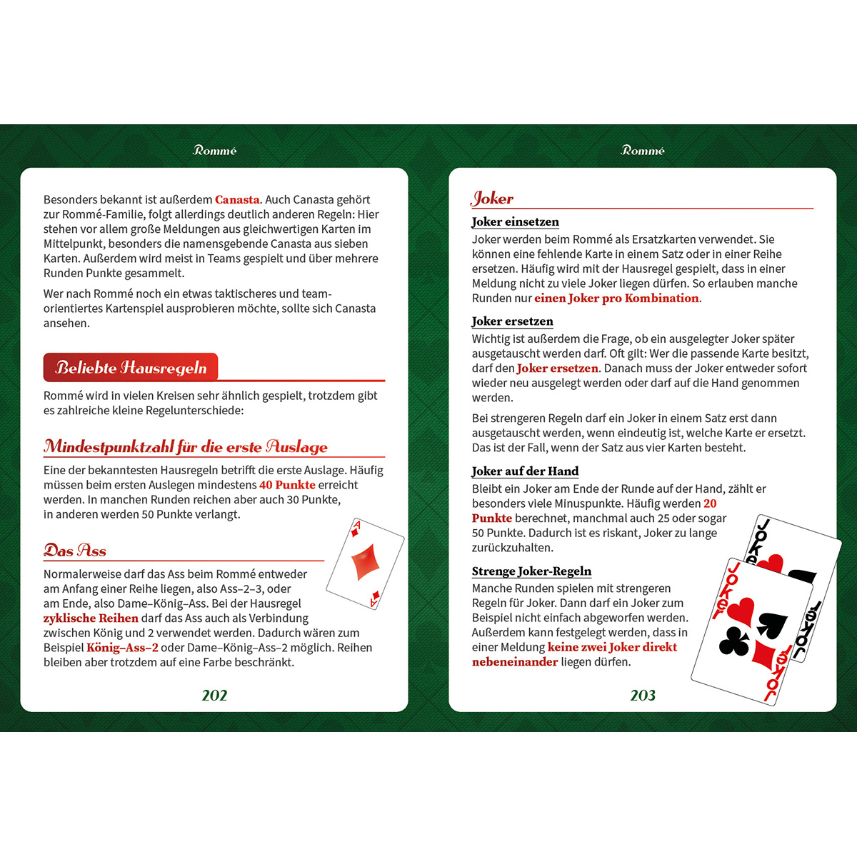 Open book pages with German text explaining card game rules, featuring illustrations of playing cards.