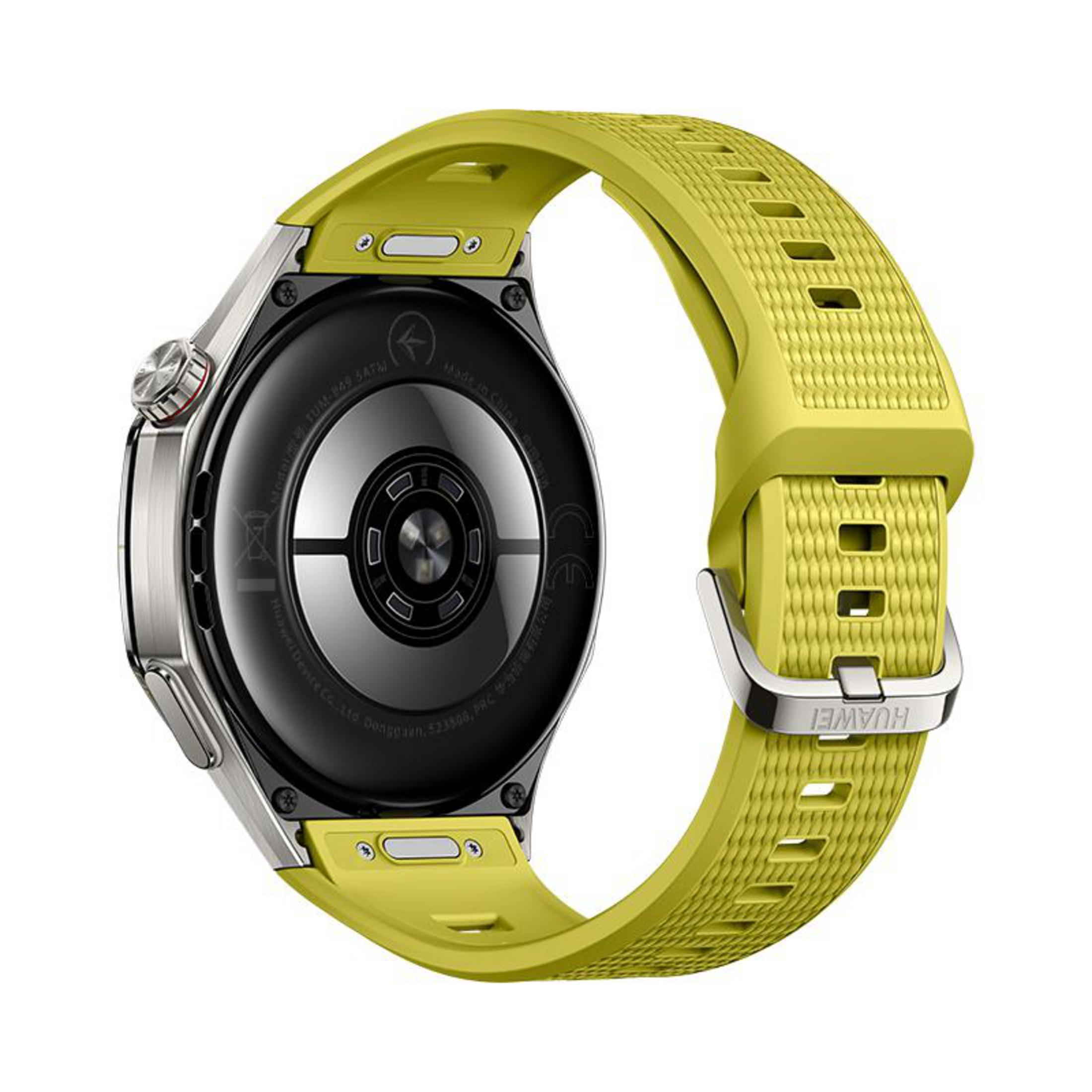 Retro di uno smartwatch con cinturino giallo testurizzato e sensori.