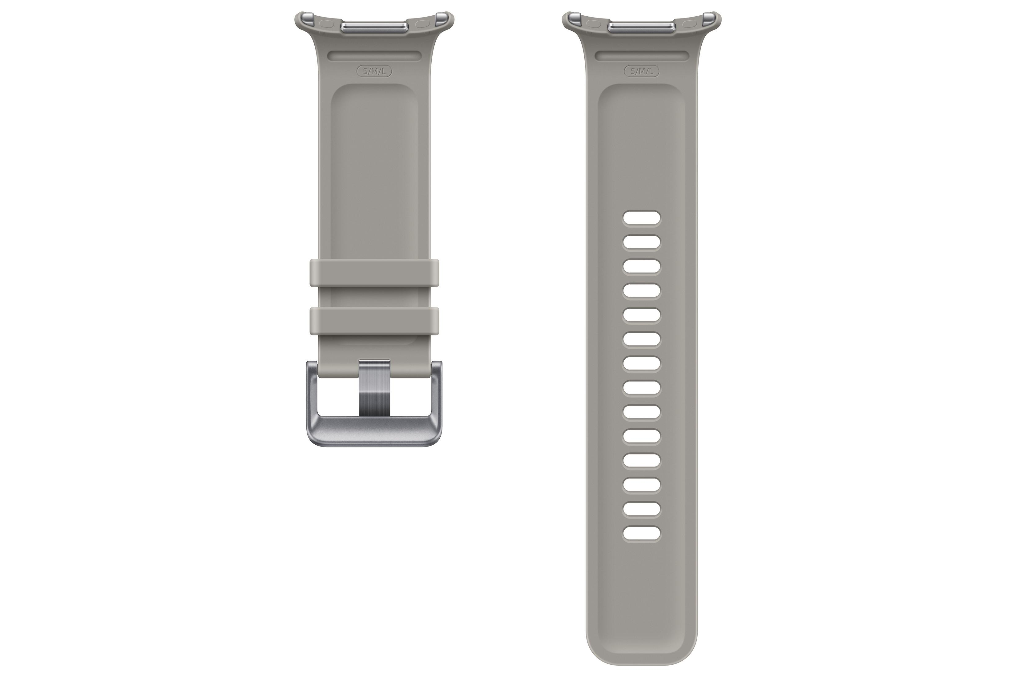 Cinturino per orologio in silicone grigio con fibbia argentata e fori.