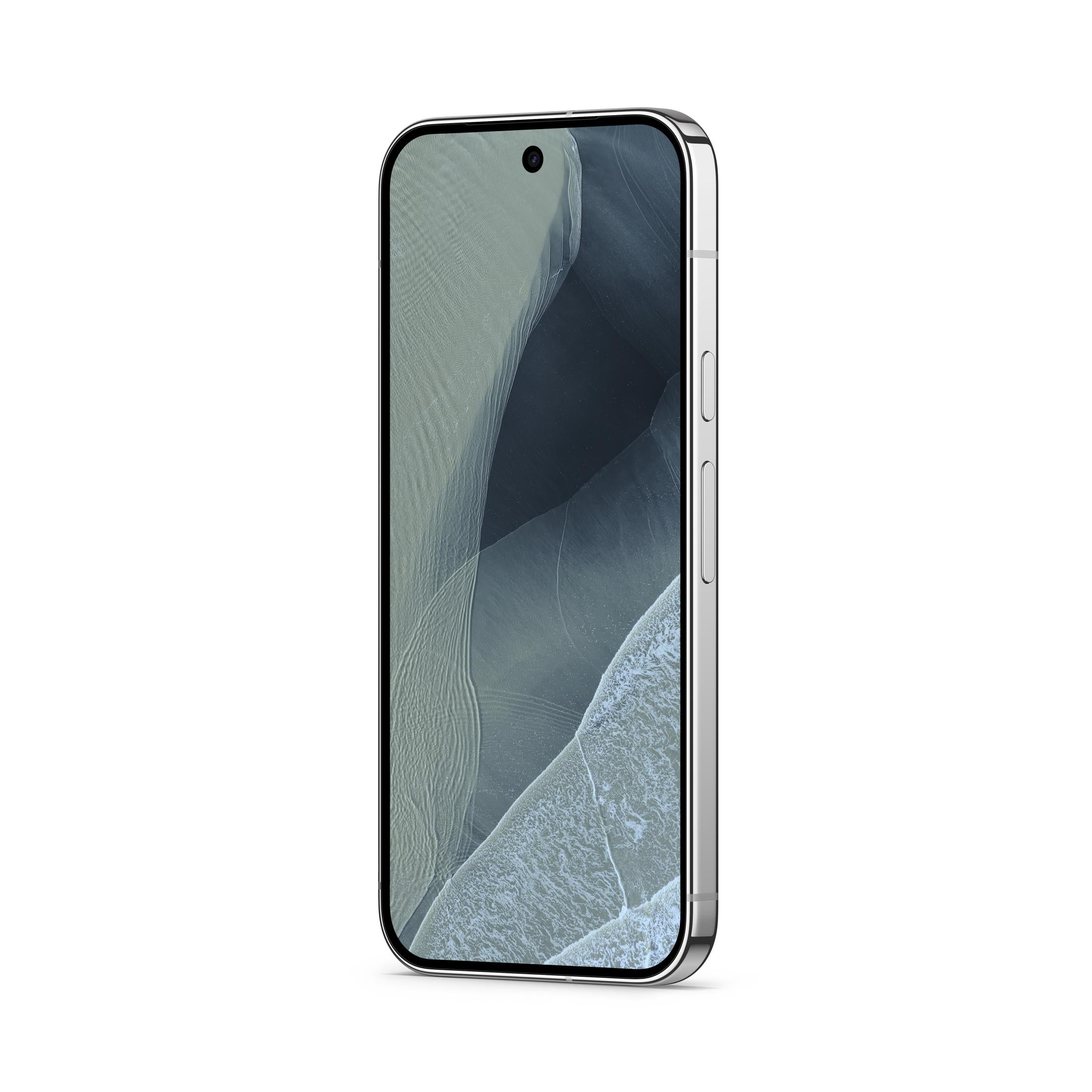 Srebrny smartfon z białym tłem i abstrakcyjną tapetą.