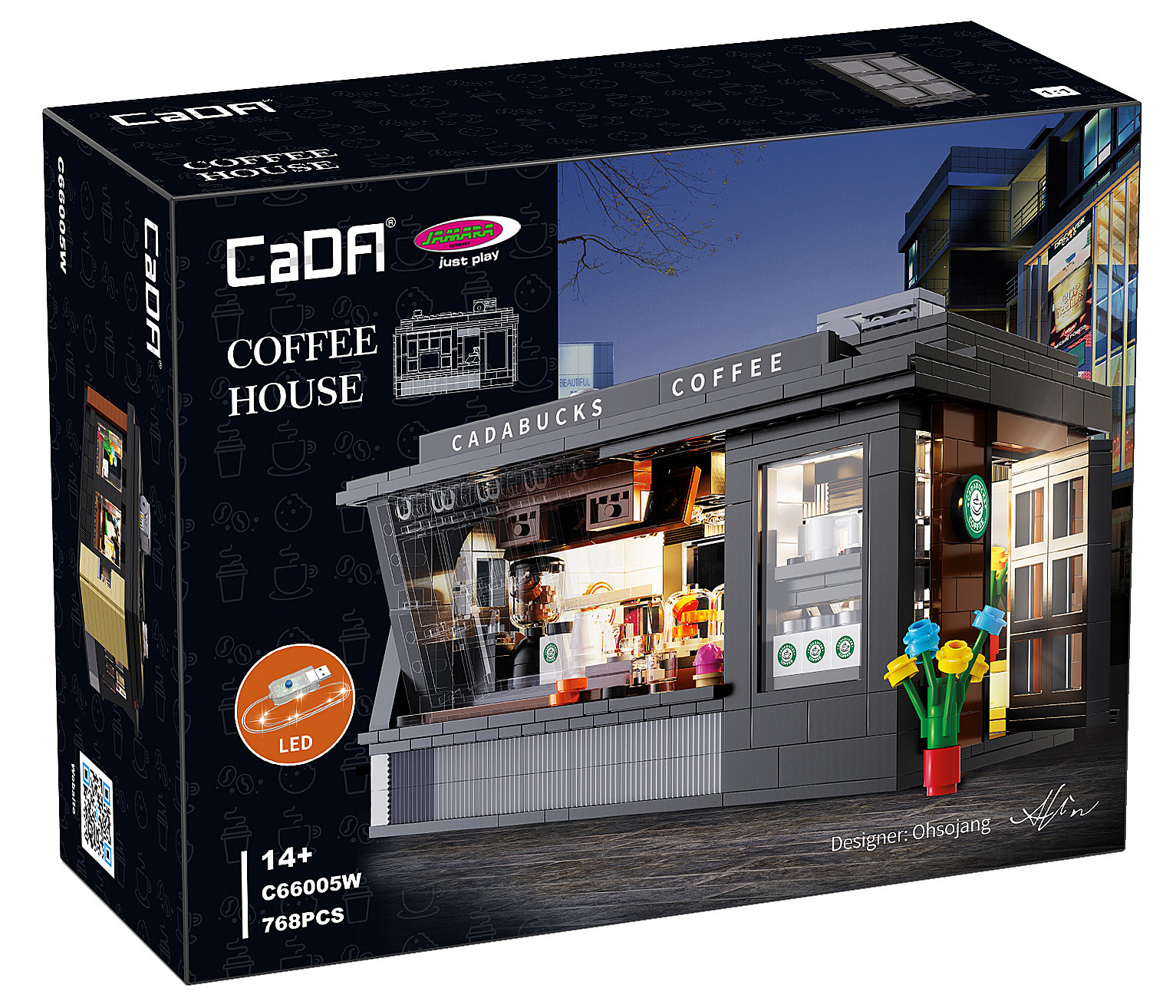 Die Produktverpackung des CaDA Coffee House Baukastens mit 768 Teilen und LED-Beleuchtung.