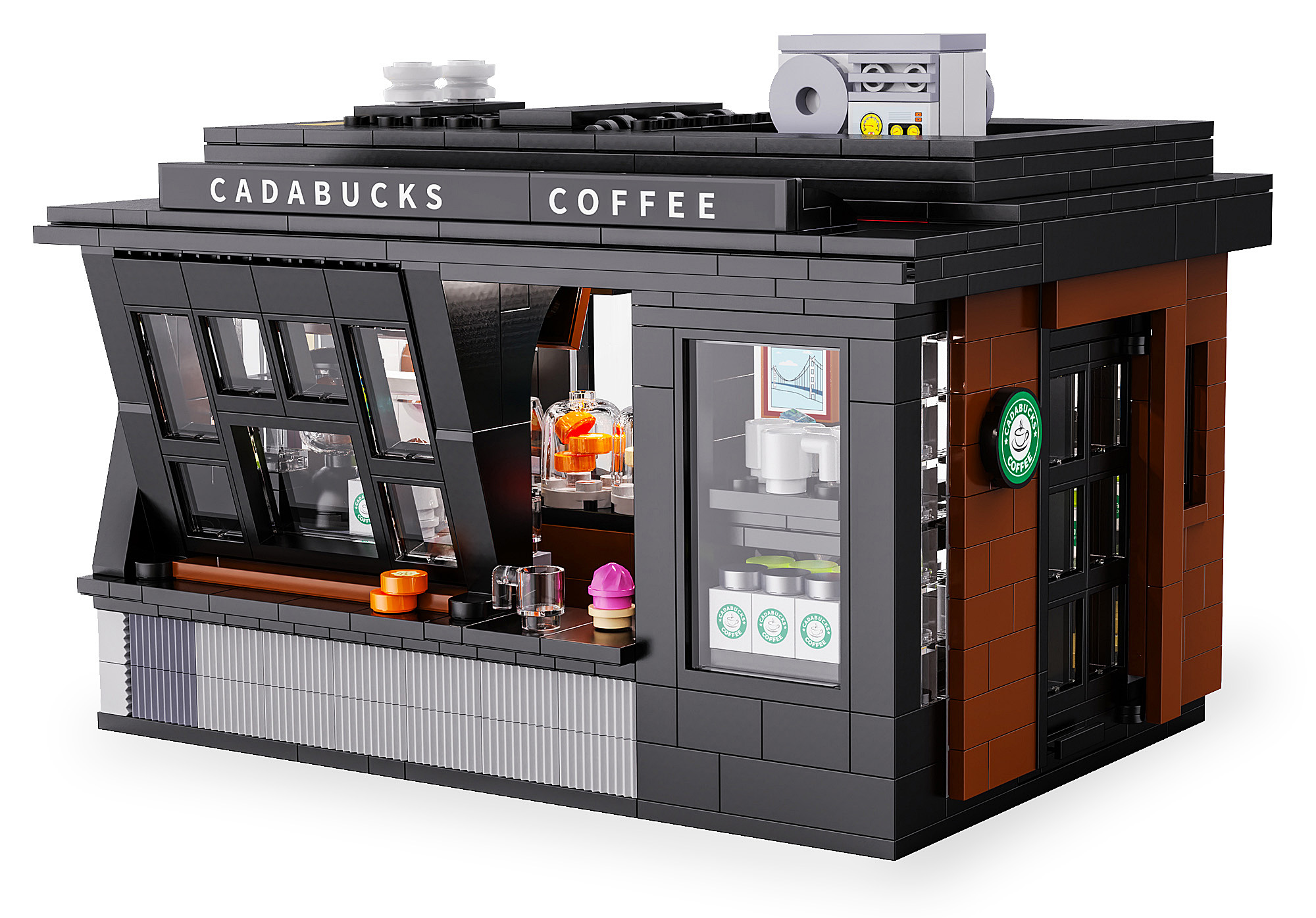 Ein Lego-Café namens Cadabucks Coffee mit schwarzem und braunem Design, großen Fenstern und Kaffeetassen im Inneren.