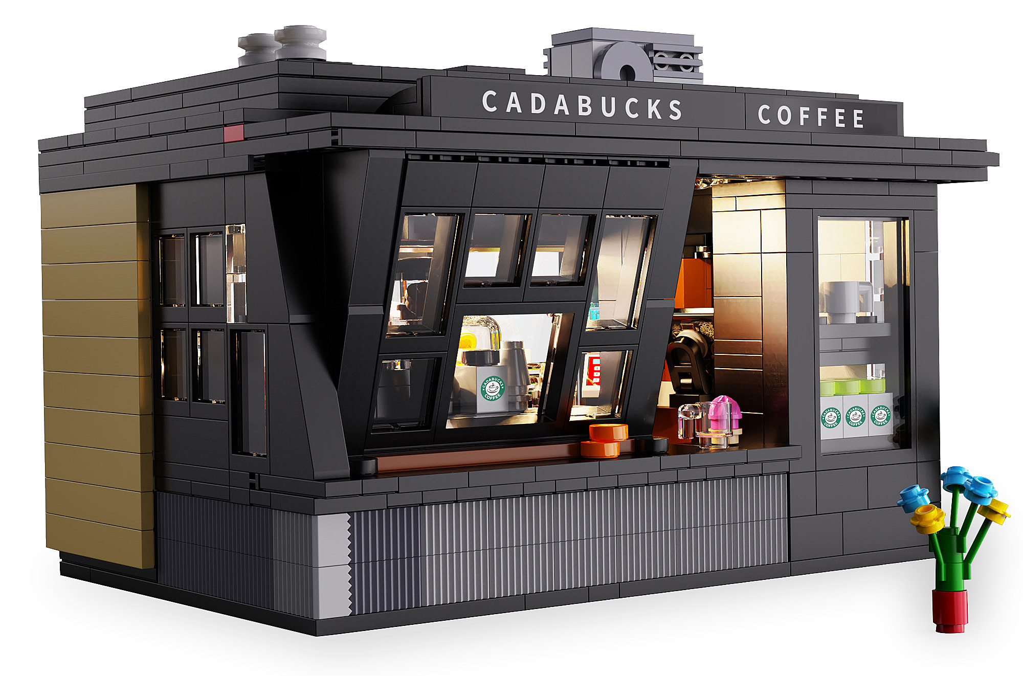 Ein schwarzes Lego-Kaffeehaus namens Cadabucks Coffee mit beleuchtetem Innenraum und bunten Blumen.