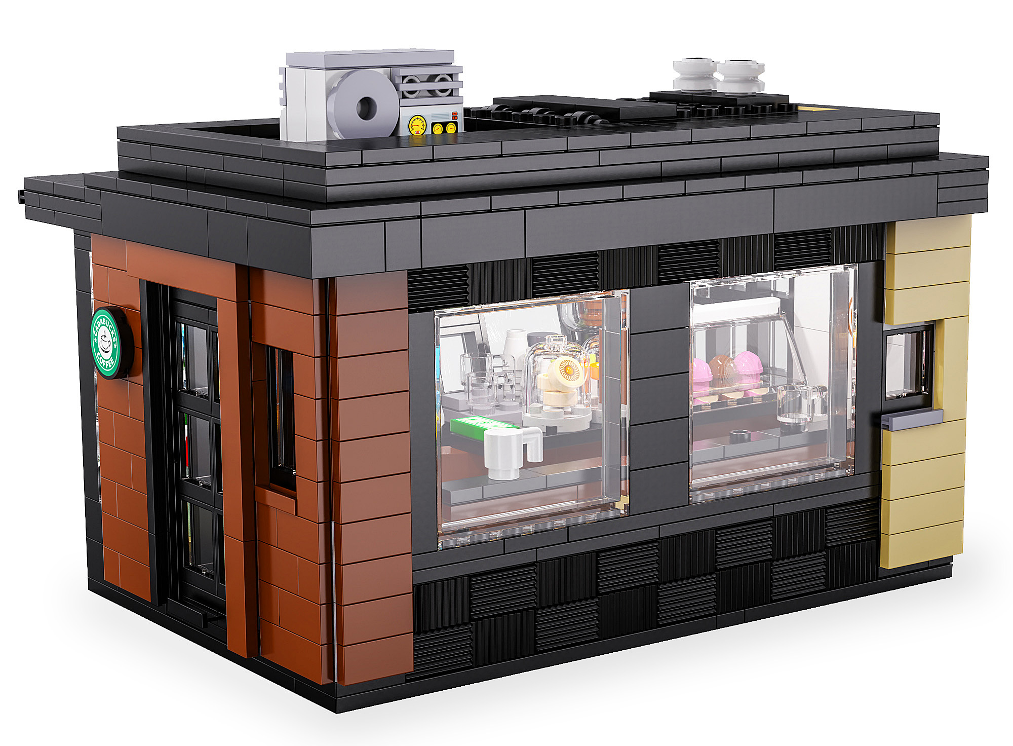 Ein Lego-Gebäude mit schwarzem Dach, großen Fenstern, die das Innere zeigen, und einer Kaffeelogo-Plakette außen.