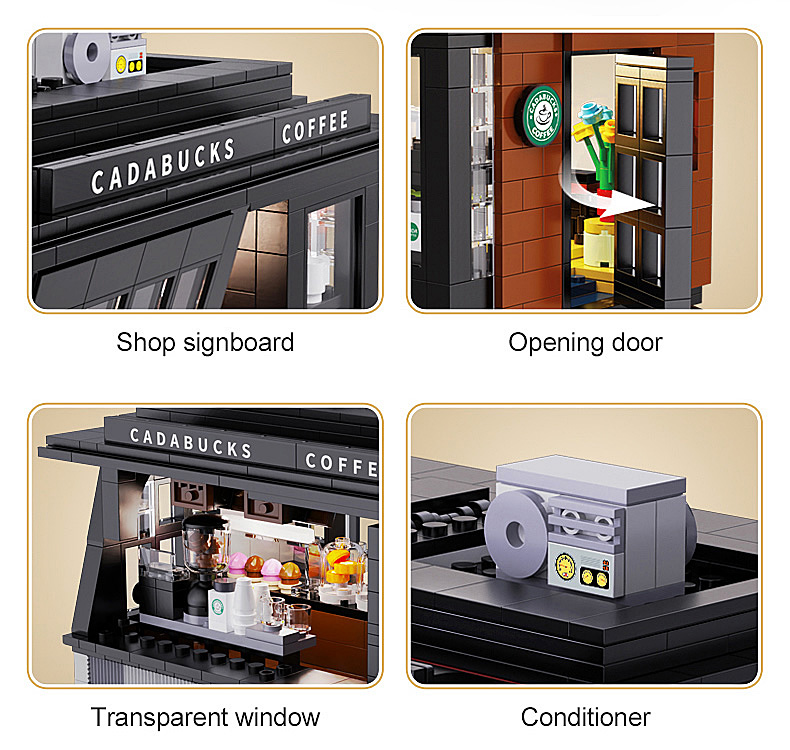 Vier Felder mit Lego Cadabucks Kaffeehaus Details: Schild, sich öffnende Tür, Innenfenster und Dacheinheit.