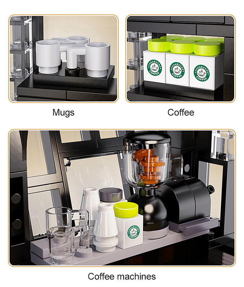 Lego-Kaffeehaus-Details zeigen weiße Tassen, Kaffeebehälter und Kaffeemaschinen auf Regalen.