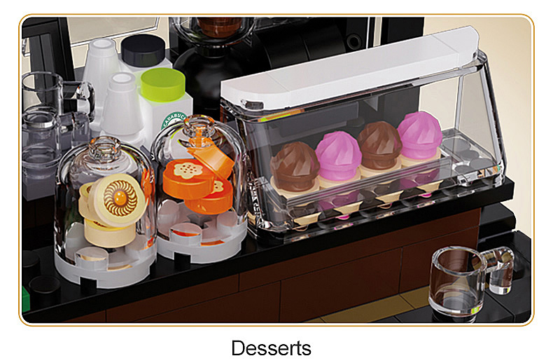 Lego-Vitrine mit Eis, Gebäck und Kaffeetassen auf einem Tresen.