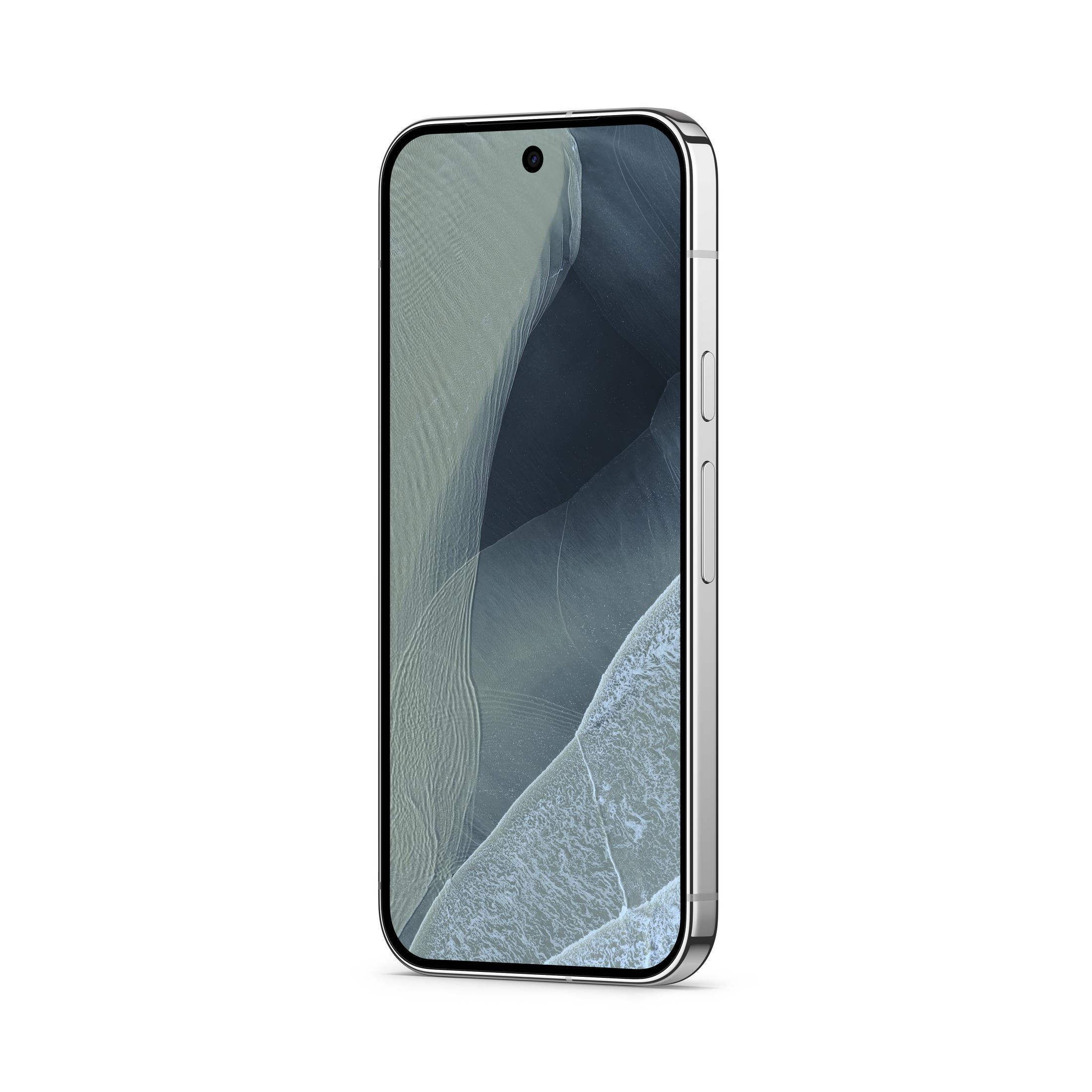 Srebrny smartfon z tapetą w fale w widoku z przodu i lekko z boku.