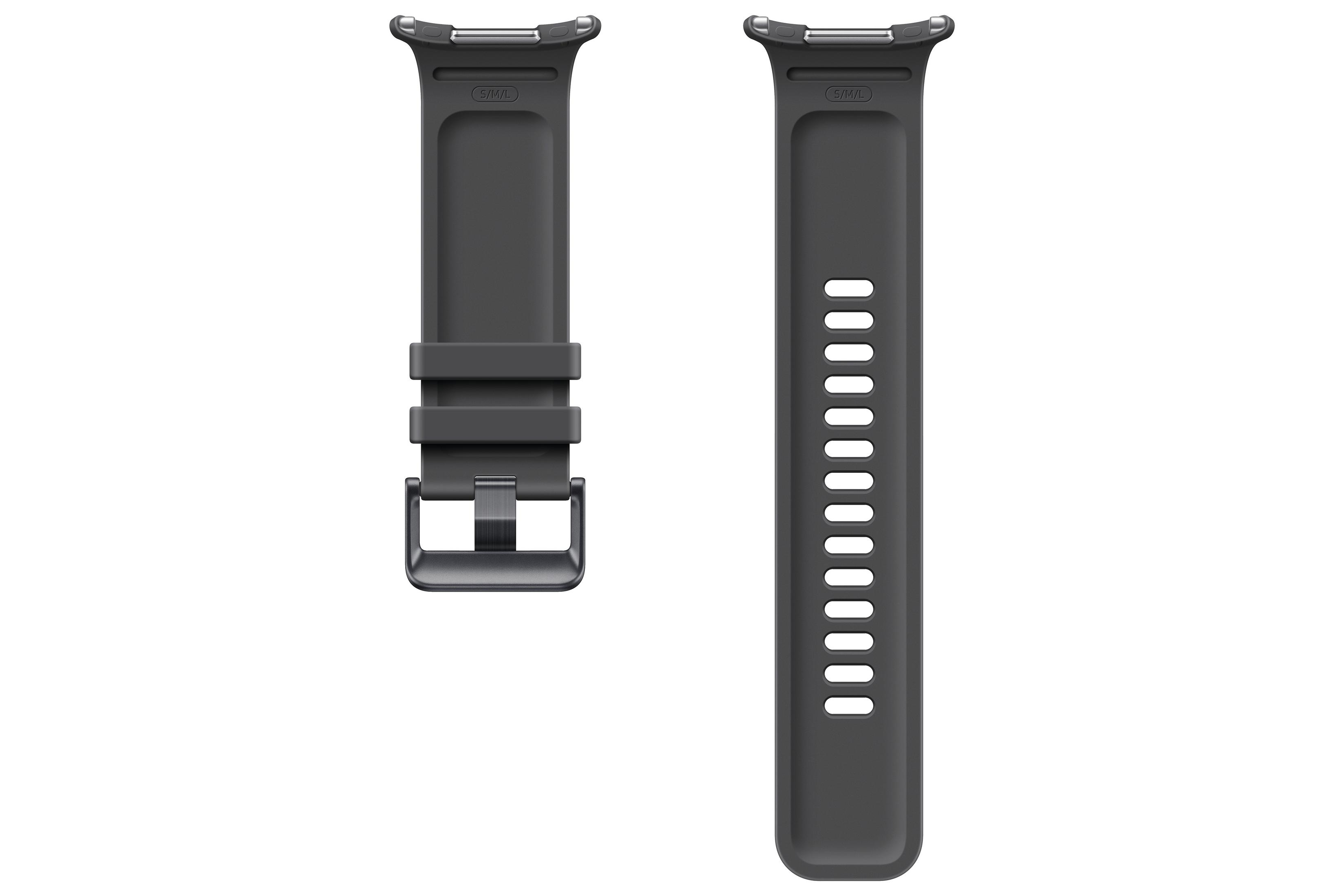 Due pezzi di un cinturino per smartwatch grigio scuro con fibbia e fori di regolazione su sfondo bianco.