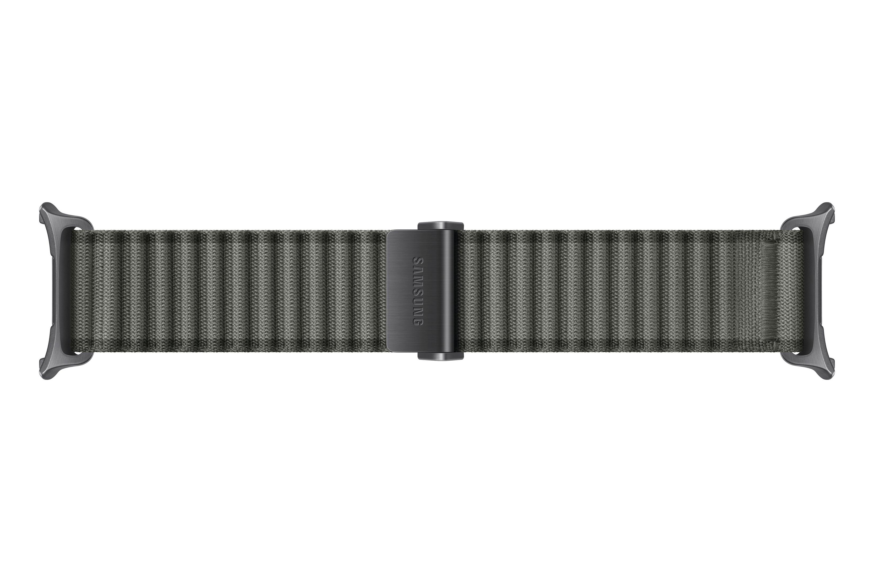 Cinturino per smartwatch in tessuto grigio Samsung con chiusure in metallo su fondo bianco.