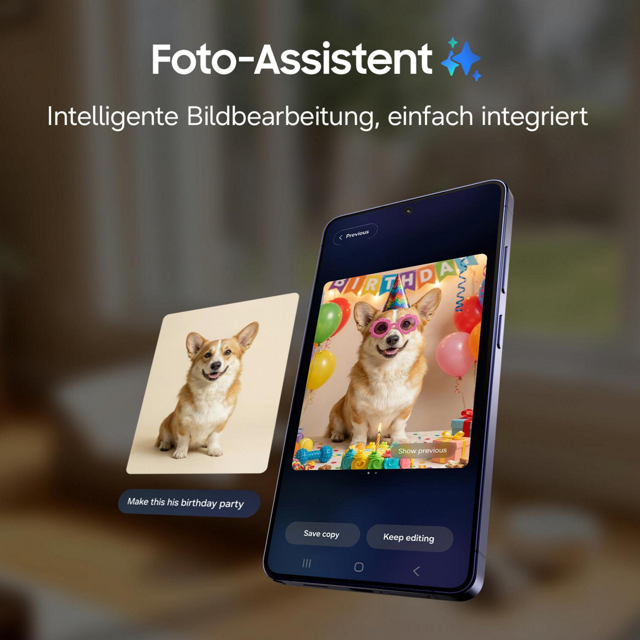 Smartphone zeigt Foto-Assistent mit Bildbearbeitung eines Hundes mit Partyhut.