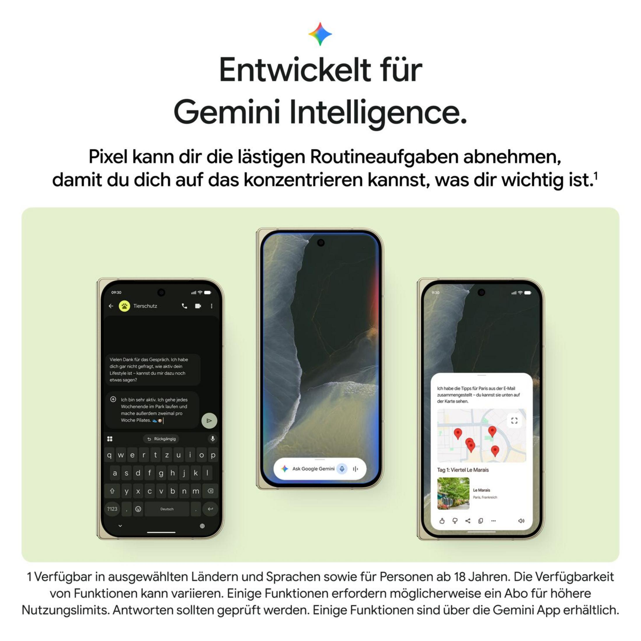 Tre smartphone mostrano le funzioni di Gemini Intelligence su sfondo verde con testo in tedesco.