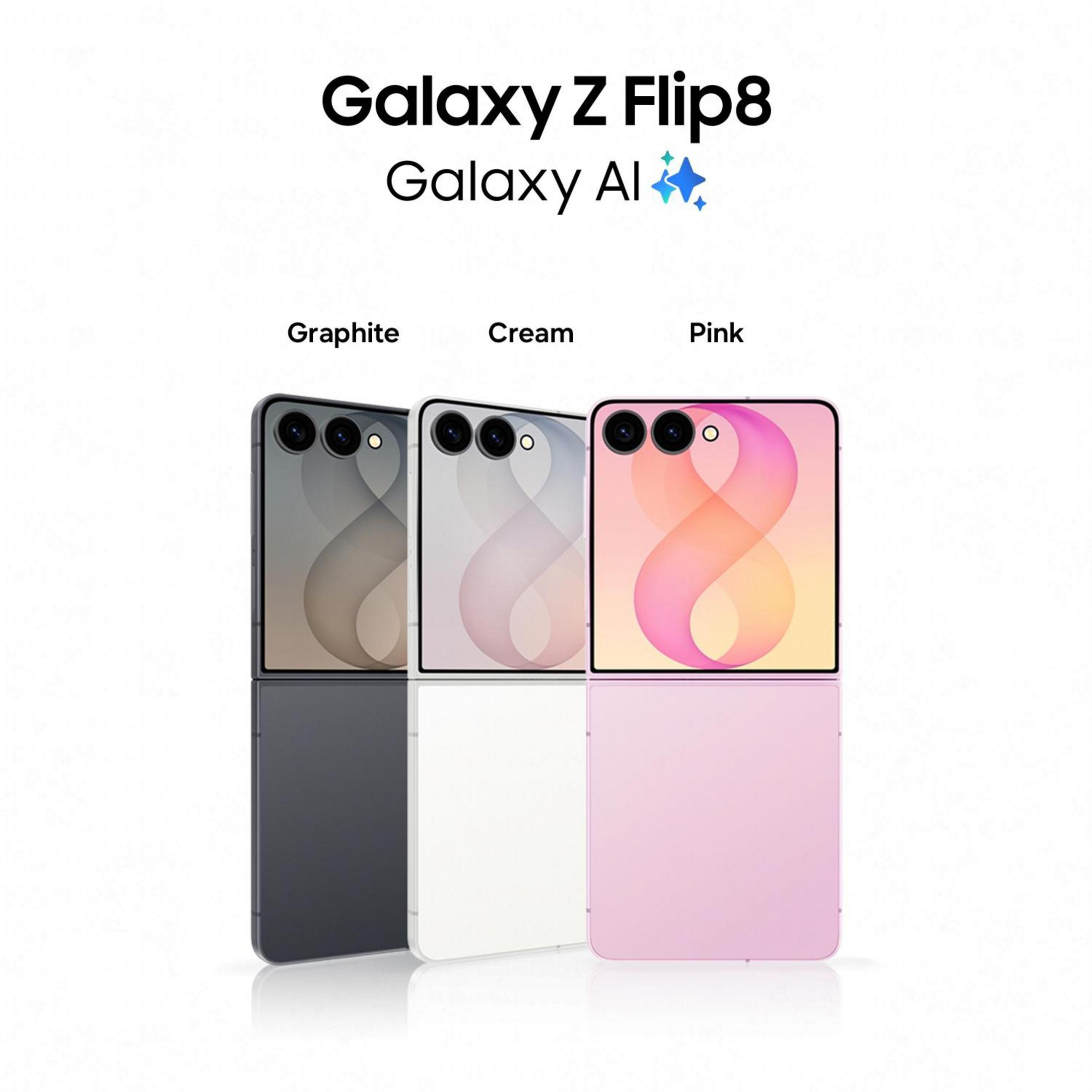 Drei Galaxy Z Flip8 Smartphones in Graphite, Cream und Pink mit Galaxy AI-Logo.