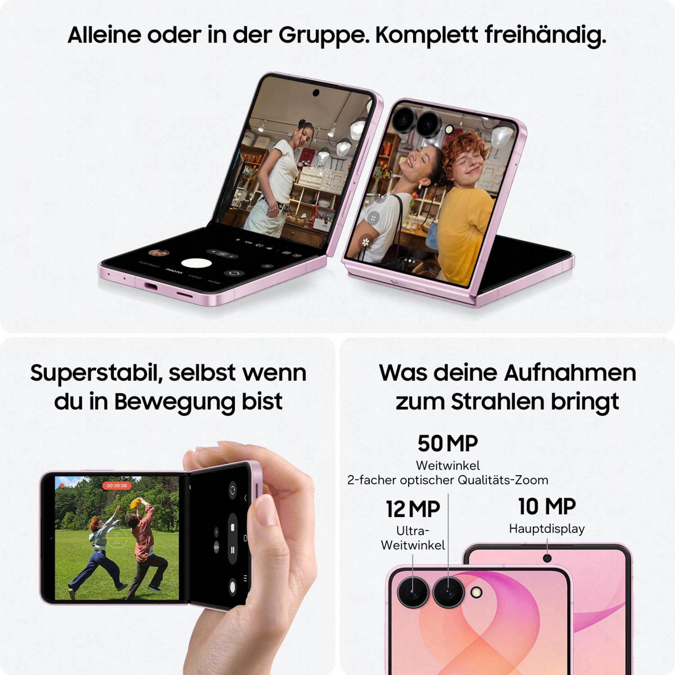 Zwei rosa klappbare Smartphones zeigen Kamerafunktionen und -daten auf weißem Hintergrund mit deutschem Text.