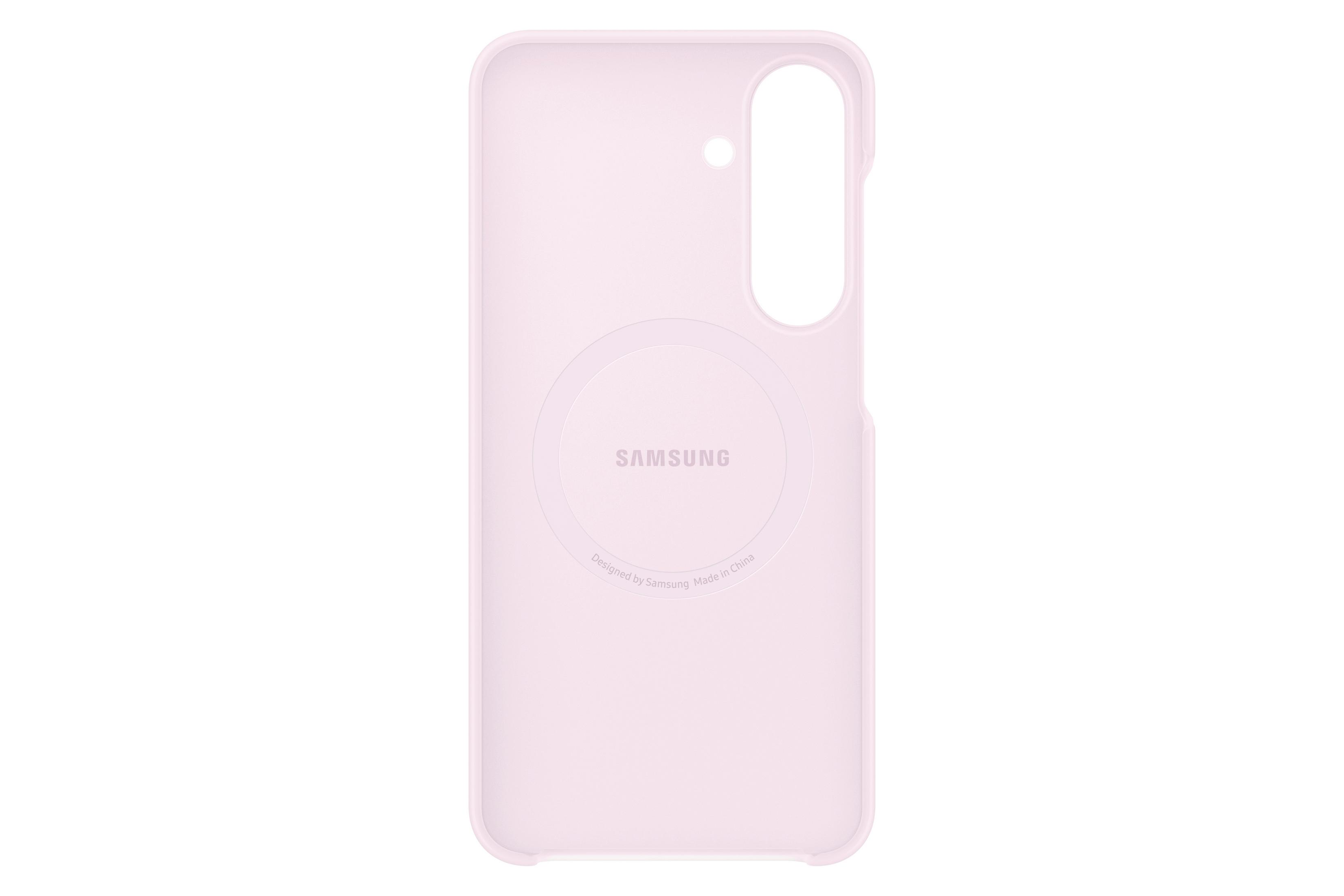 Egy világos rózsaszín Samsung telefonborító, hátulján kör alakú mágneses gyűrűvel és kamera kivágásokkal.