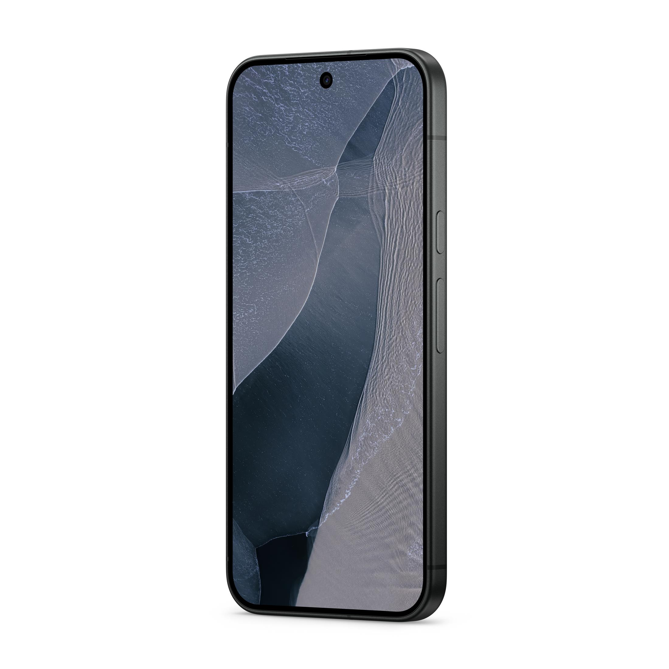 Czarny smartfon z zaokrąglonymi rogami i falistym wzorem tła na ekranie.
