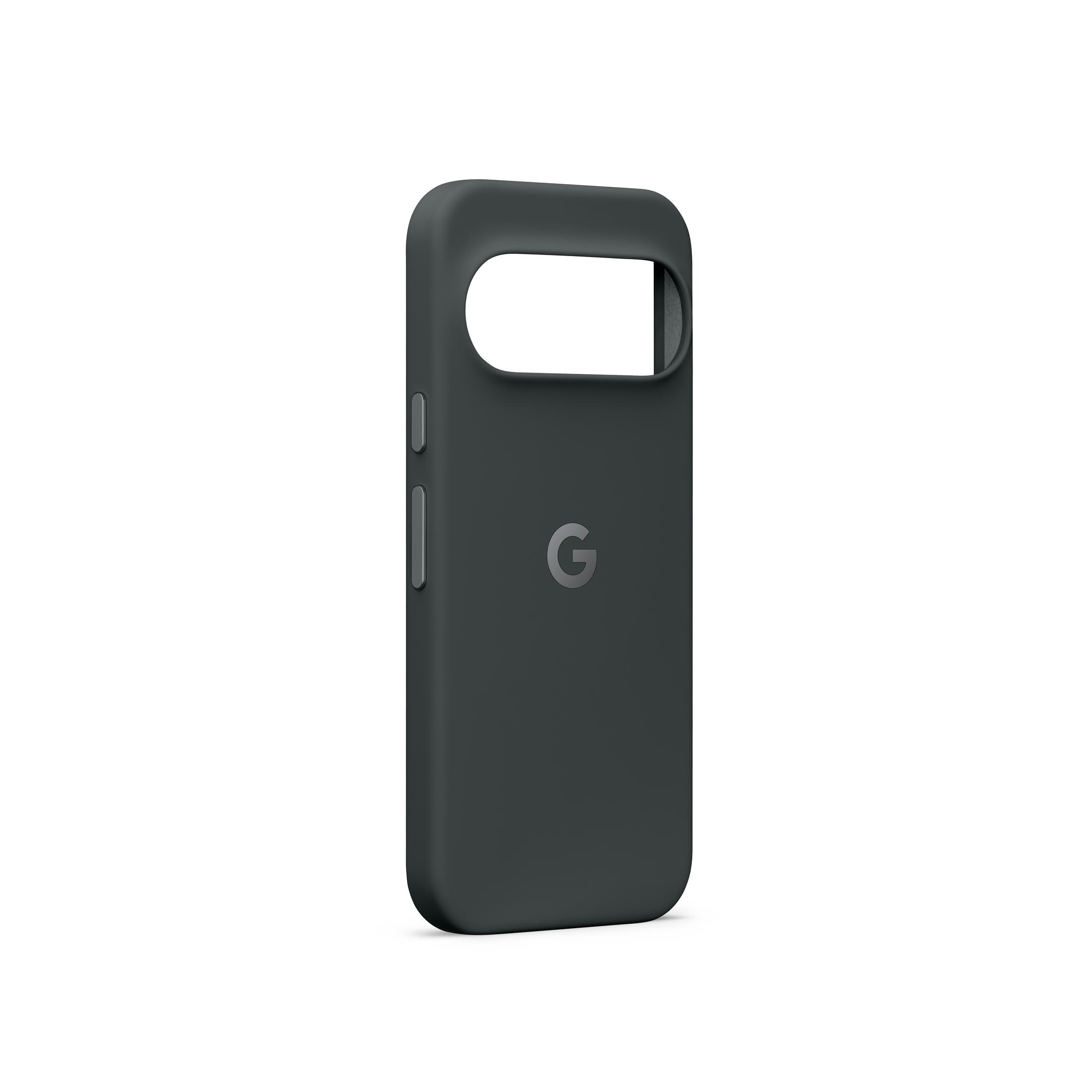 Custodia per smartphone grigio scuro con foro per fotocamera e logo Google sul retro su sfondo bianco.