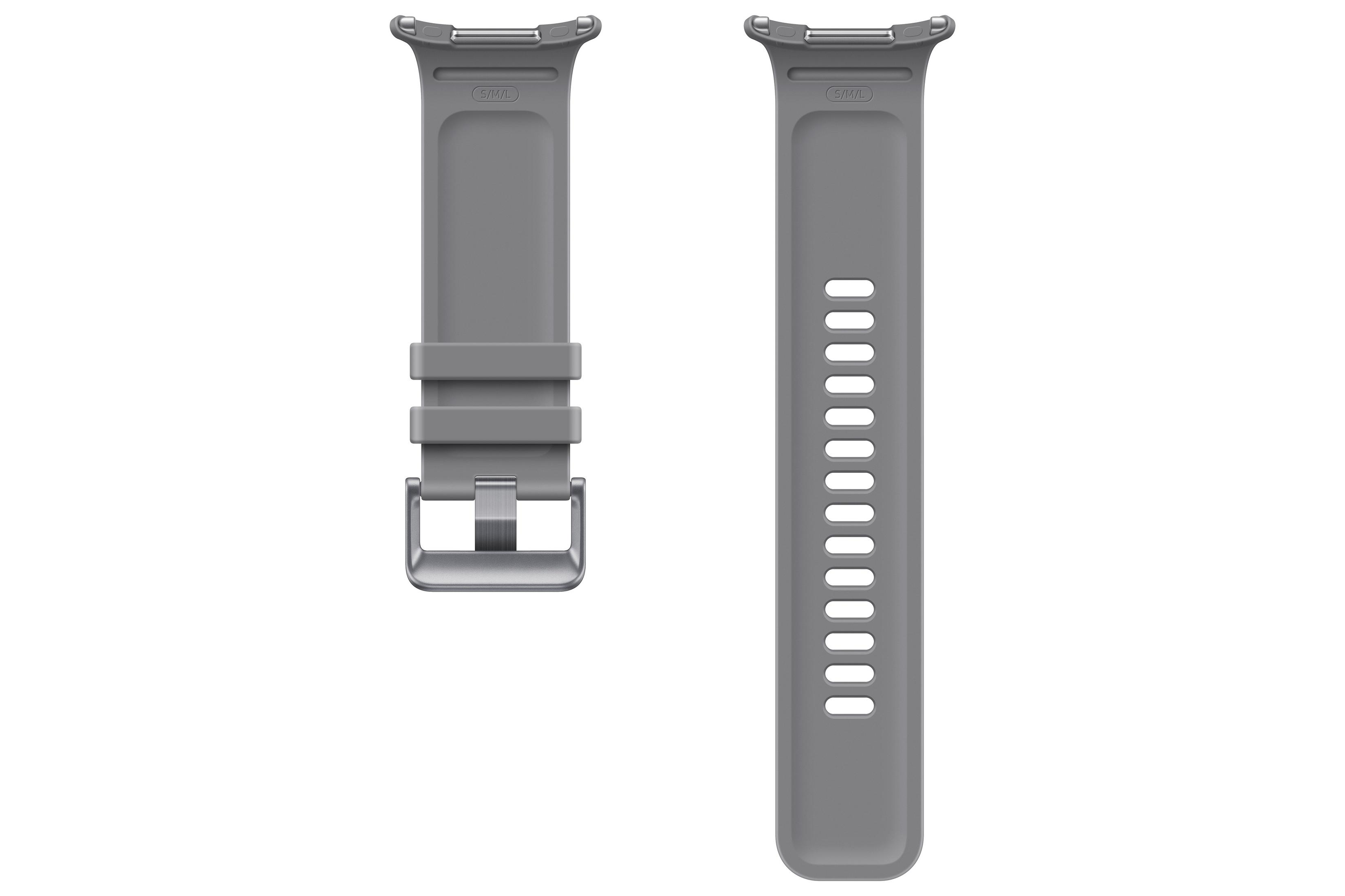 Cinturino per orologio in silicone grigio, vista anteriore e posteriore su sfondo bianco.