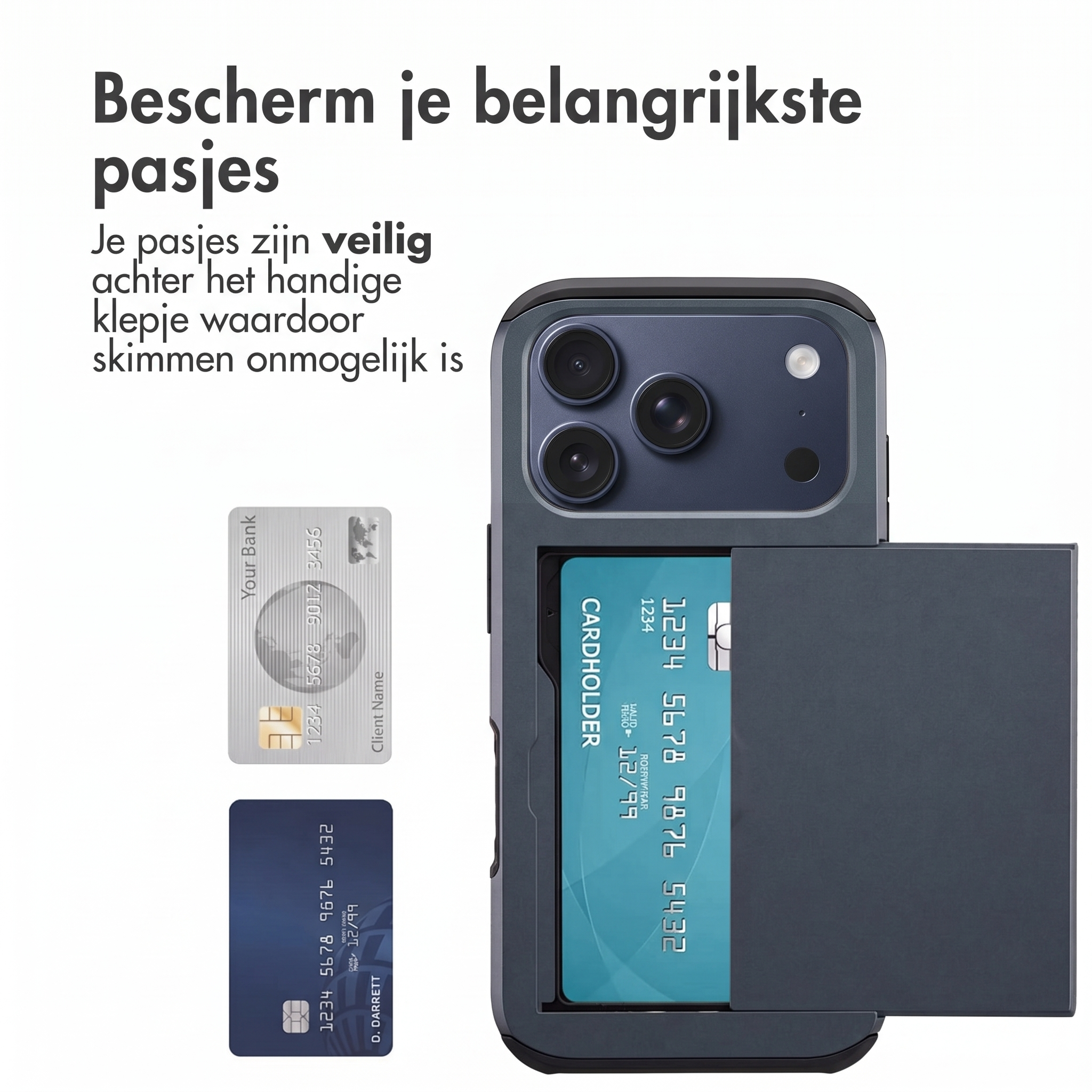 Smartphone dans une coque de protection avec porte-cartes, flanqué de deux cartes bancaires et de texte néerlandais.