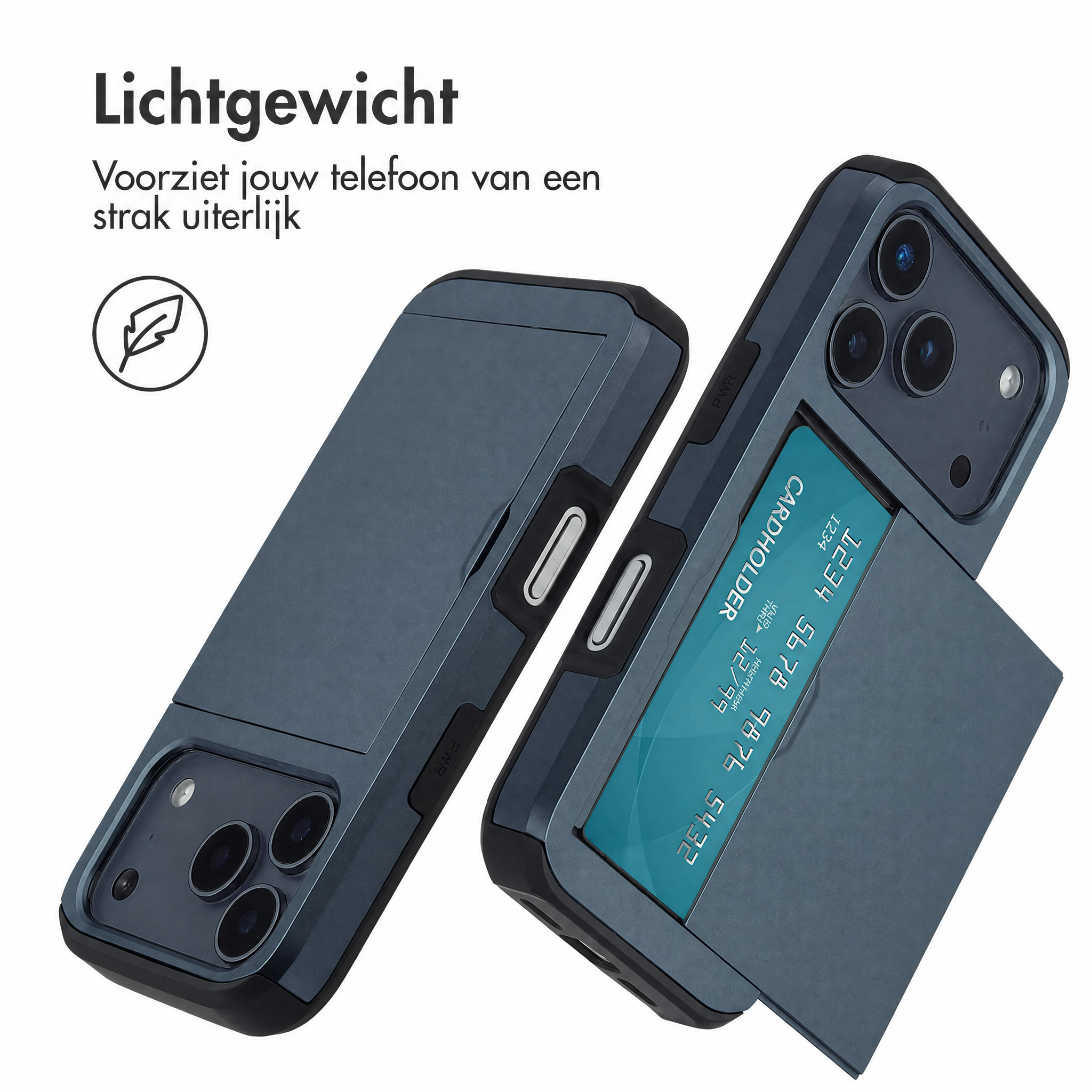 Coque de smartphone bleue avec porte-cartes, design léger et protection de l'appareil photo.