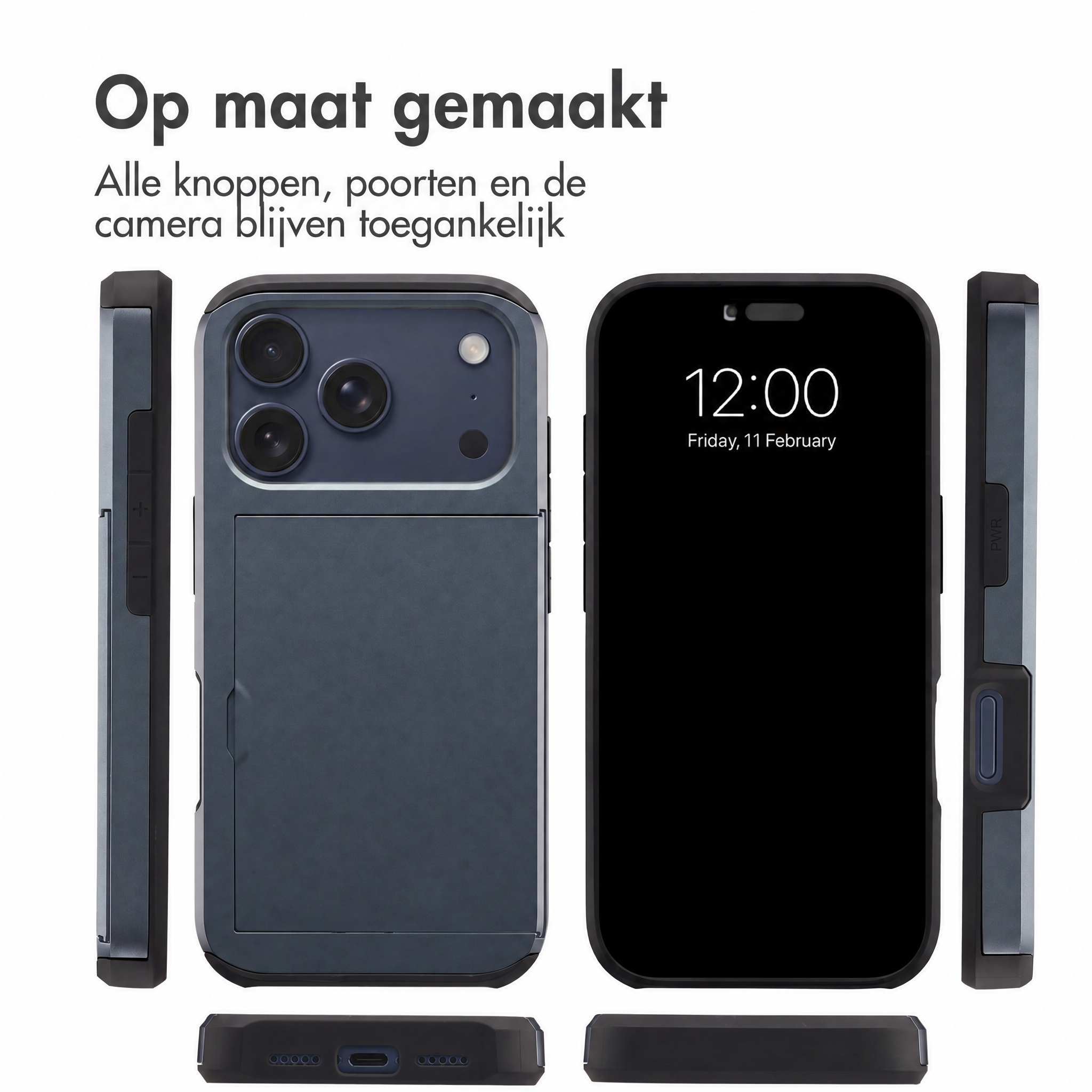 Coque de smartphone bleue sous tous les angles avec texte néerlandais et écran.