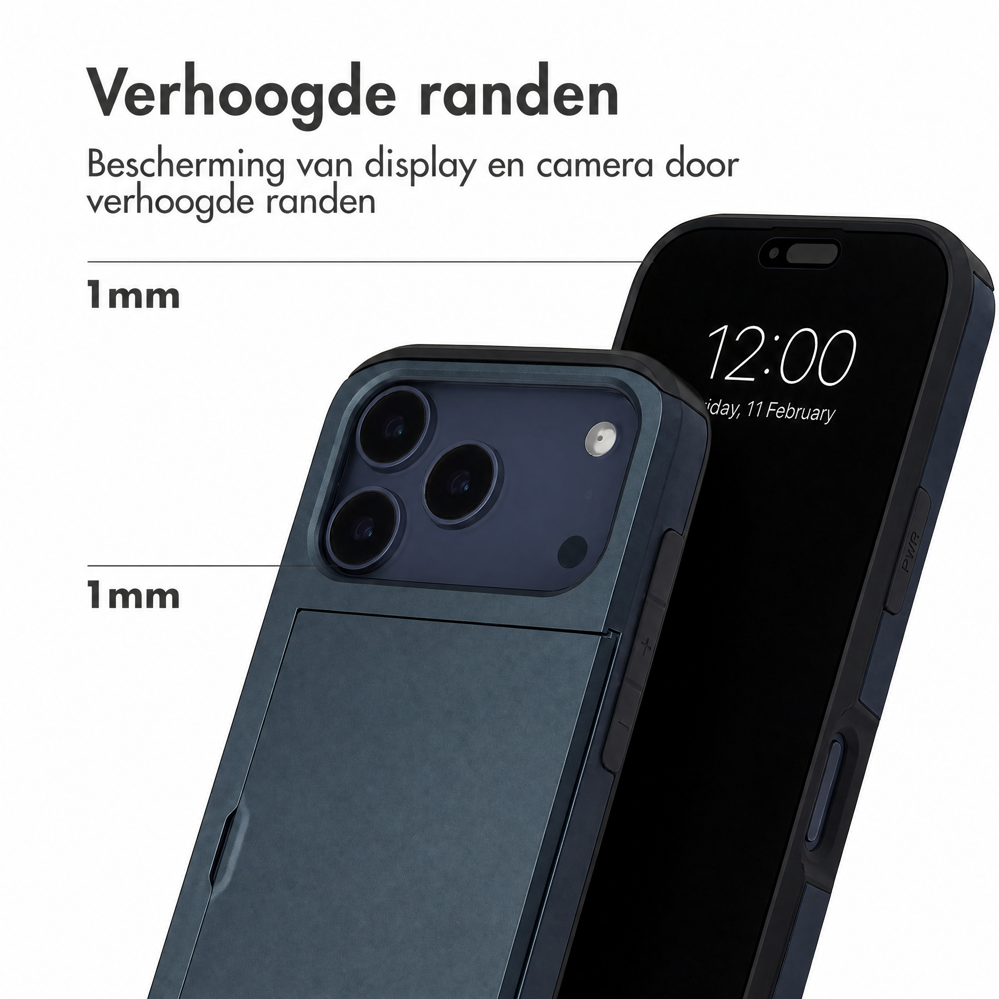 Smartphone dans une coque avec des bords surélevés de 1 mm pour l'écran et l'appareil photo.