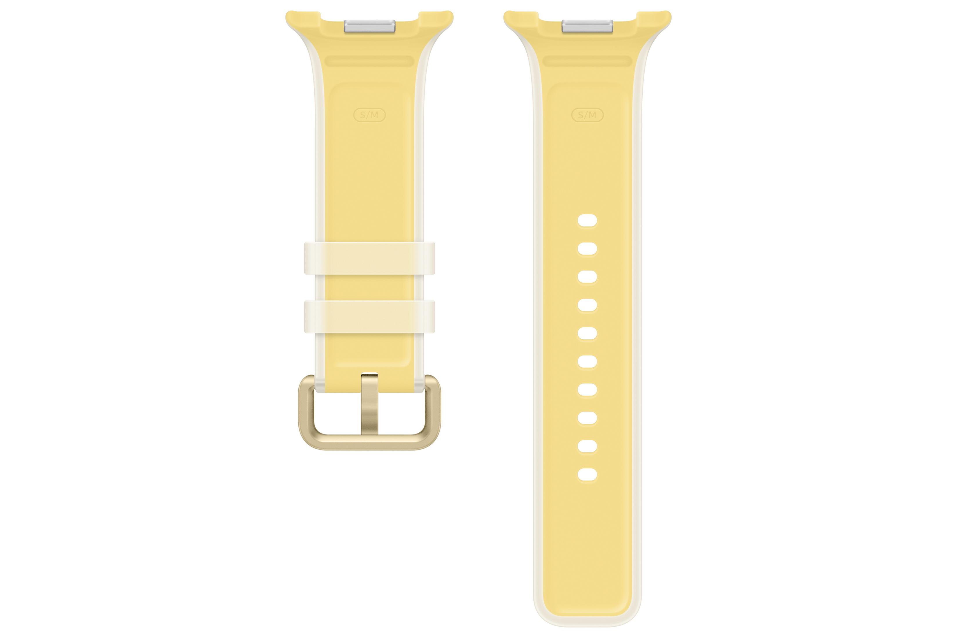 Due cinturini per smartwatch in silicone giallo con fibbia e fori.