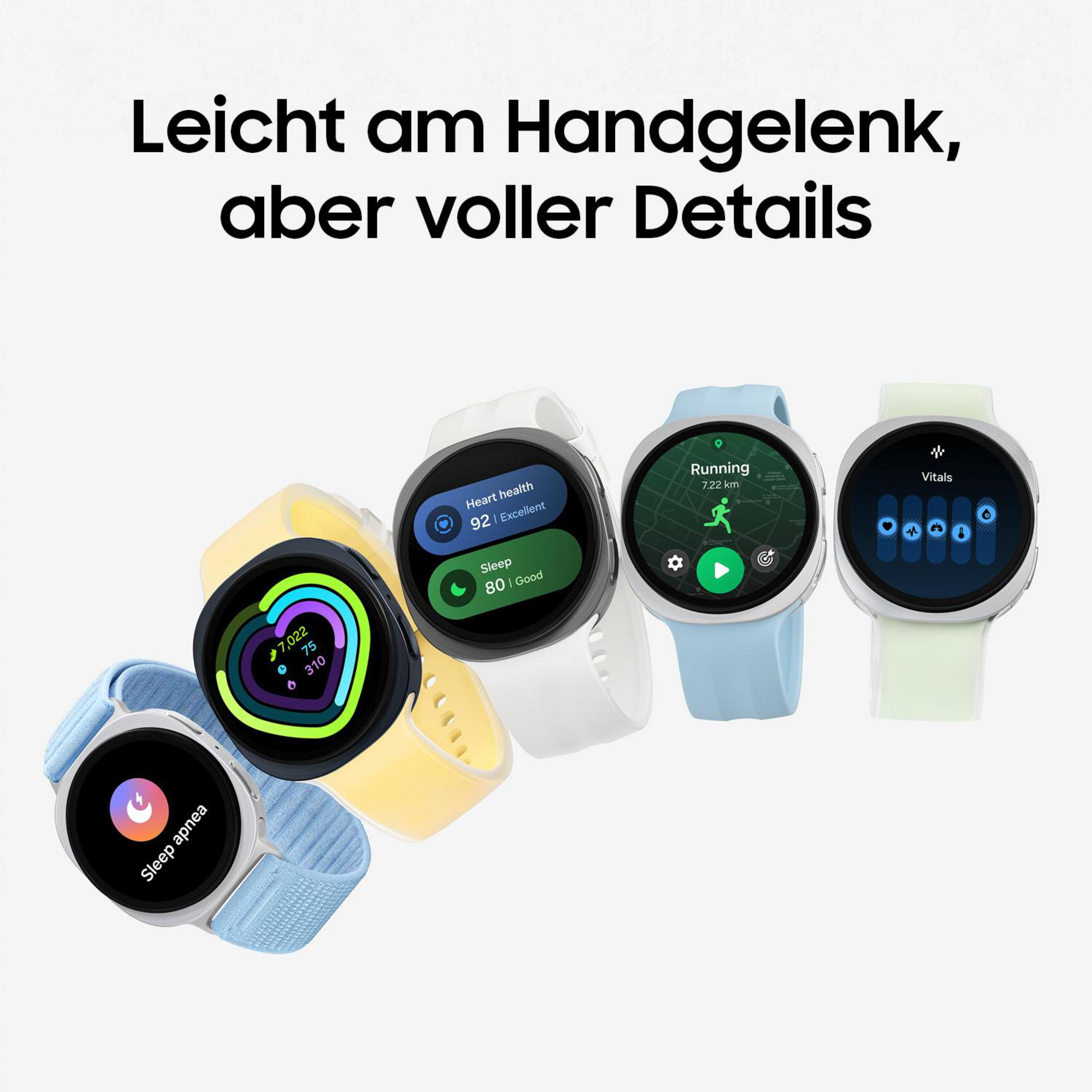 Cinque smartwatch con cinturini colorati e schermi per la salute.