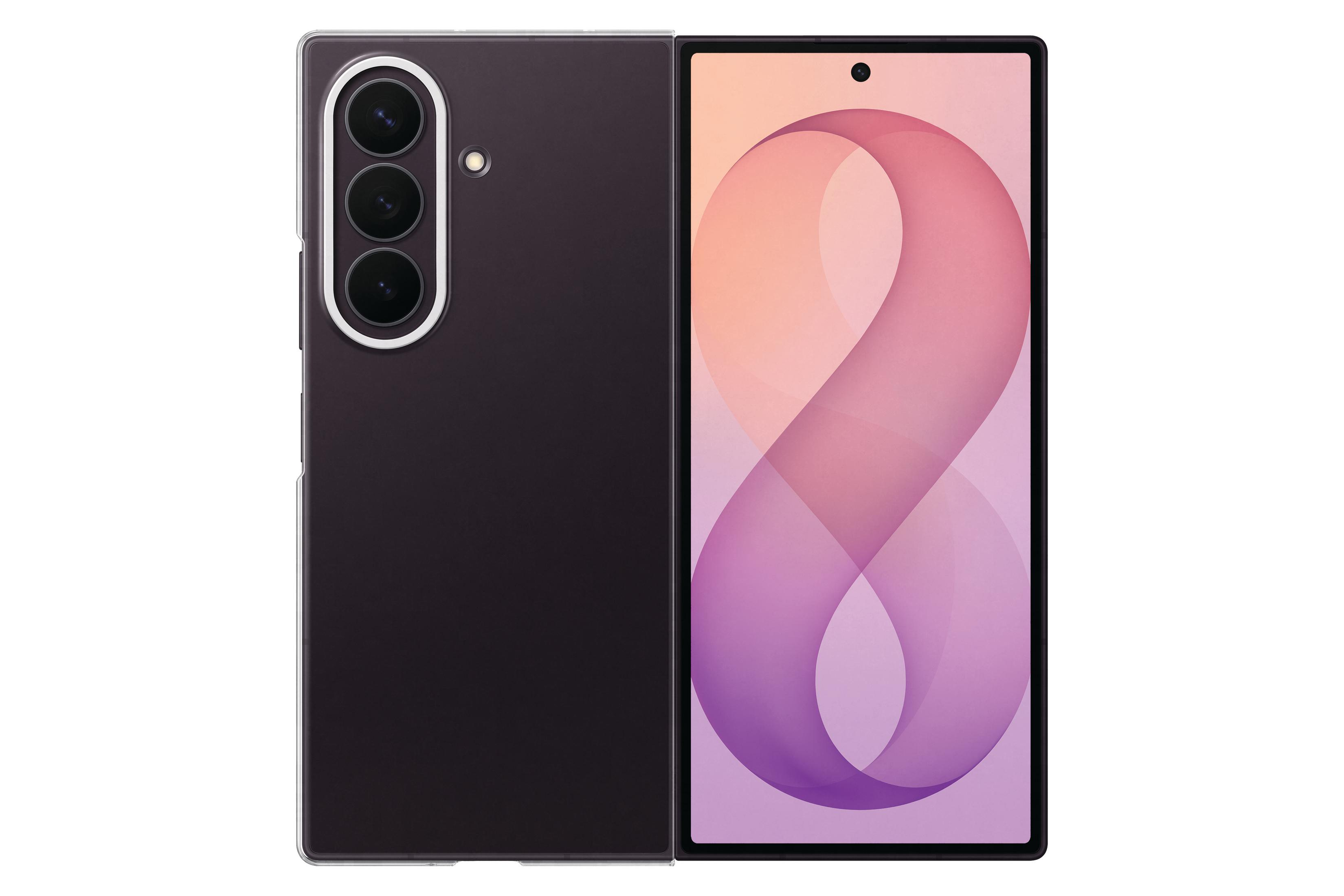 Un teléfono inteligente desplegado muestra su frente con fondo abstracto rosa y su parte posterior gris oscuro con tres cámaras.