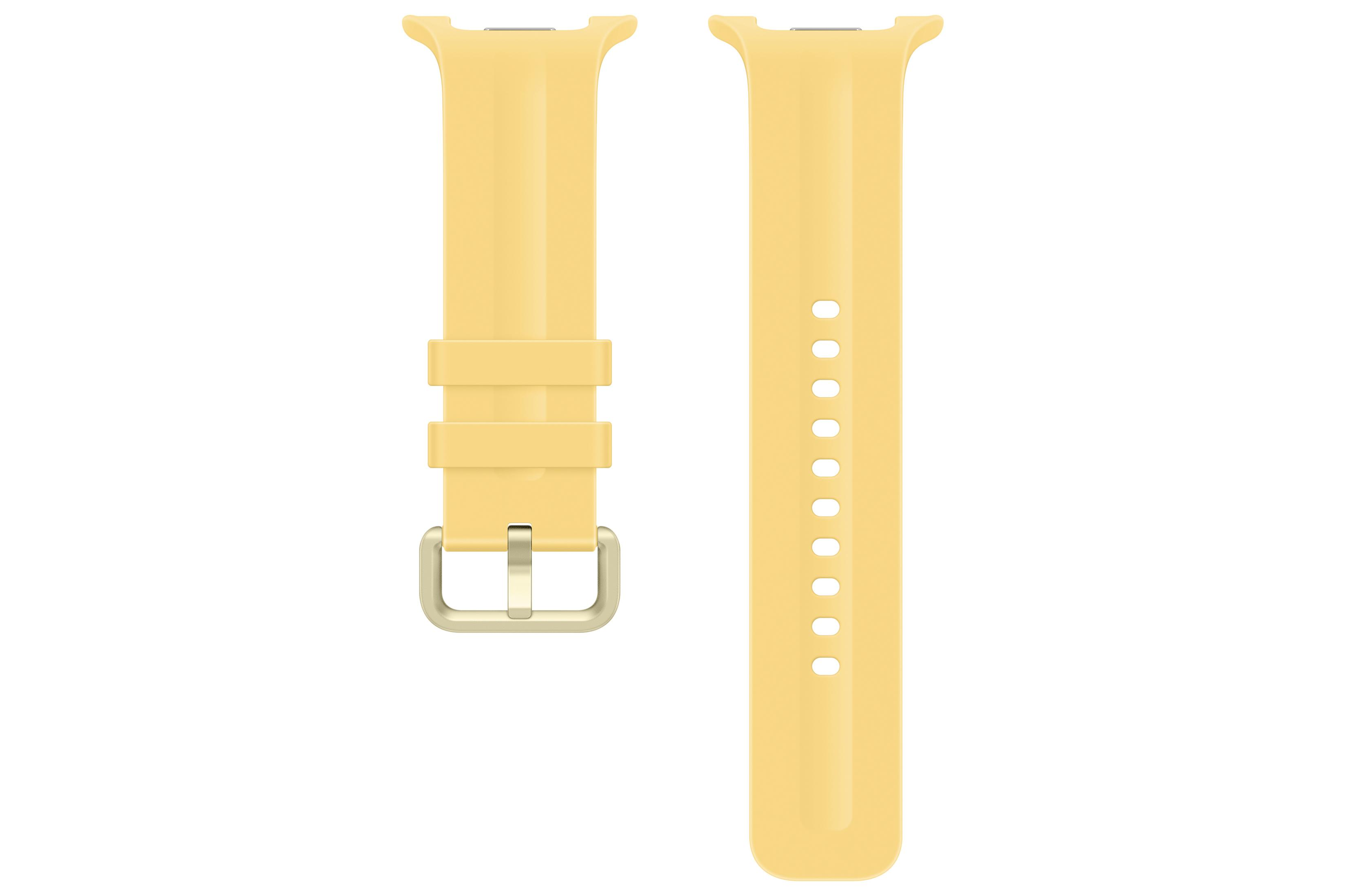 Cinturino per orologio in silicone giallo con fibbia in metallo su sfondo bianco.